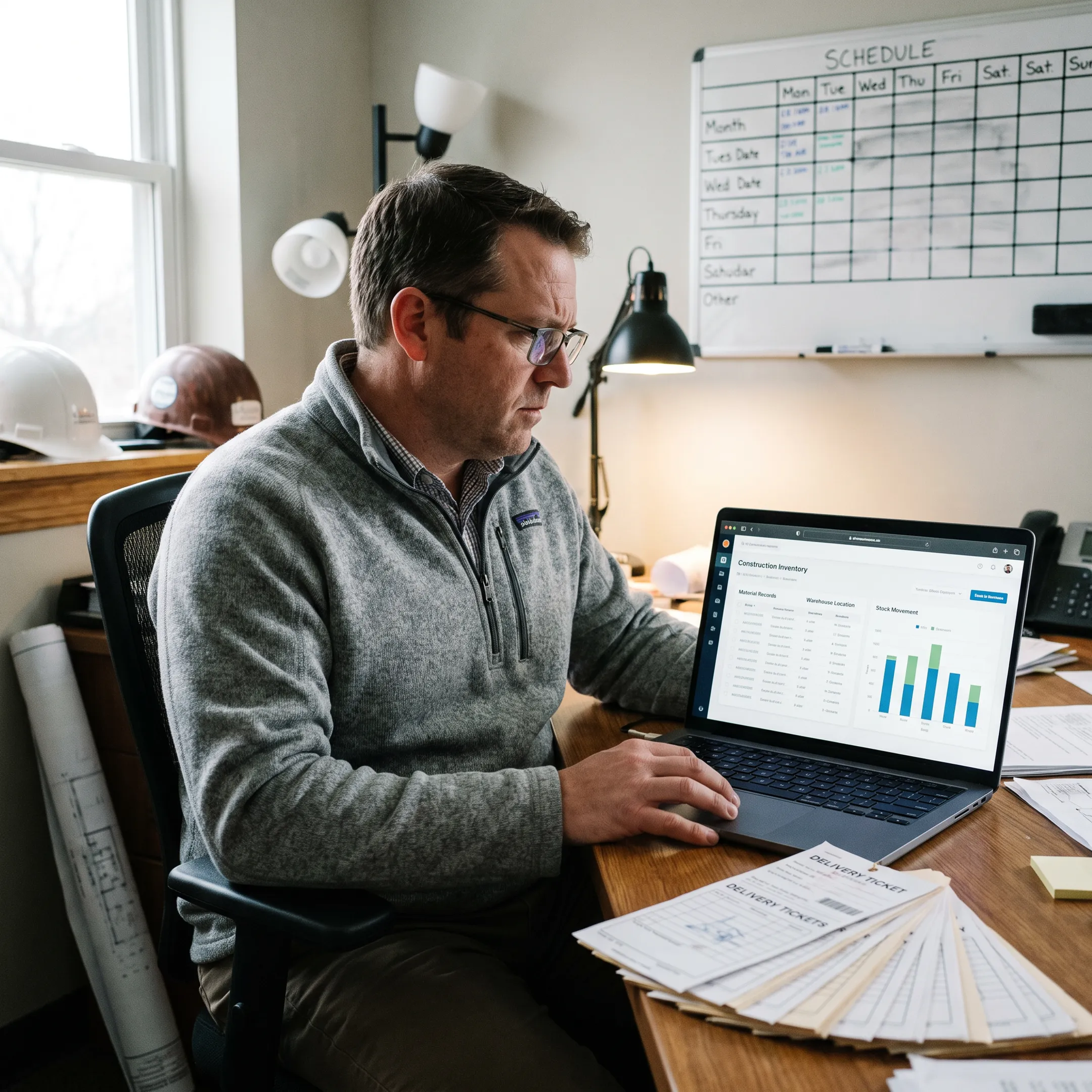 Manager reviewing construction inventory software on a laptop