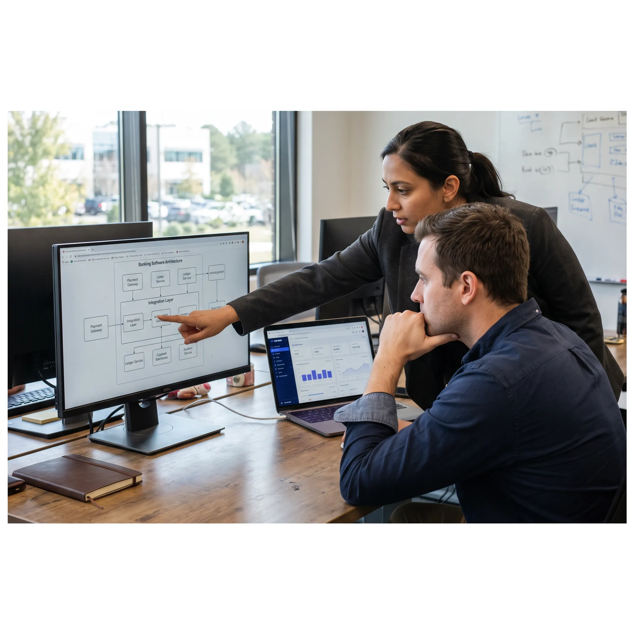 Banking software development team reviewing financial technology architecture