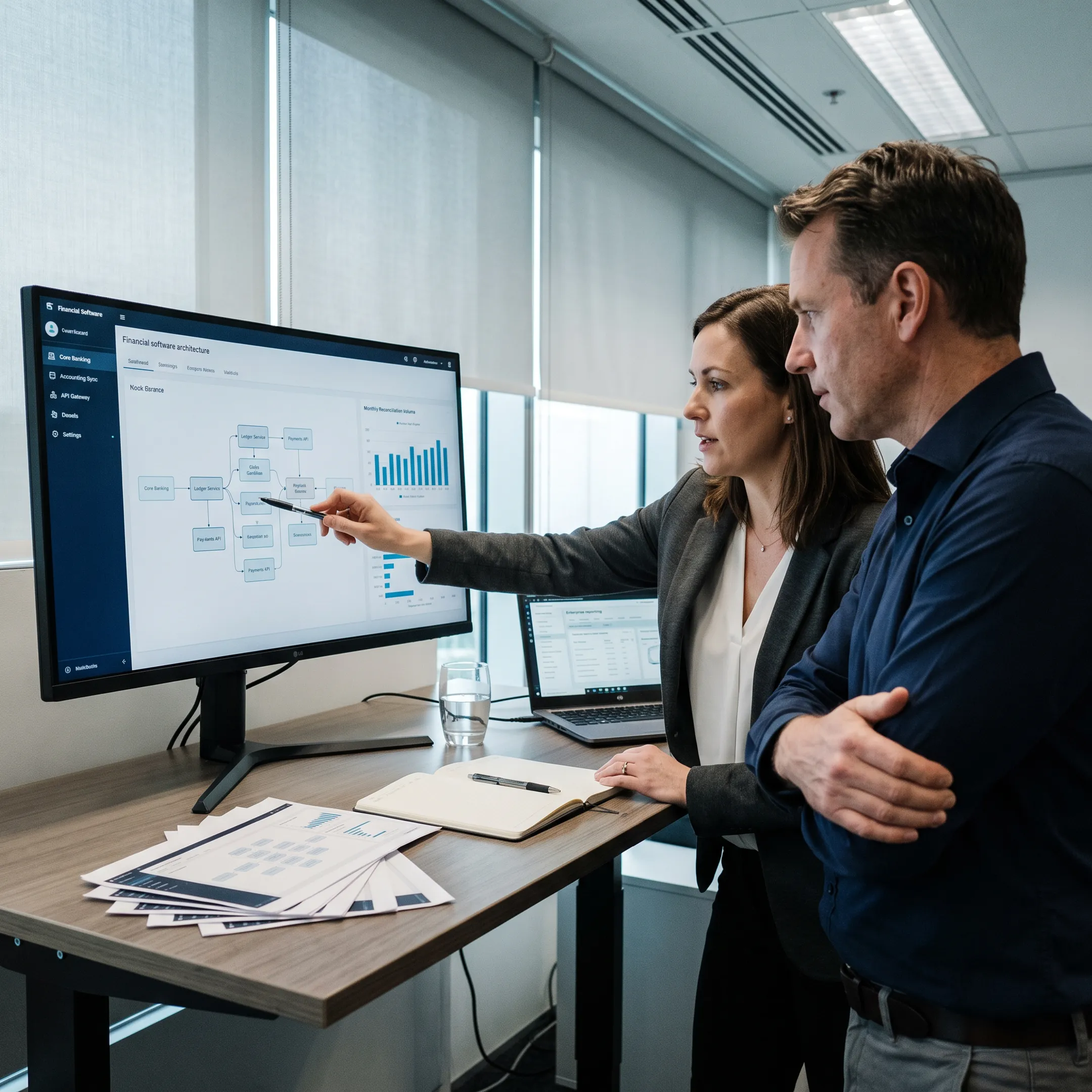Financial software architecture displayed on office monitors