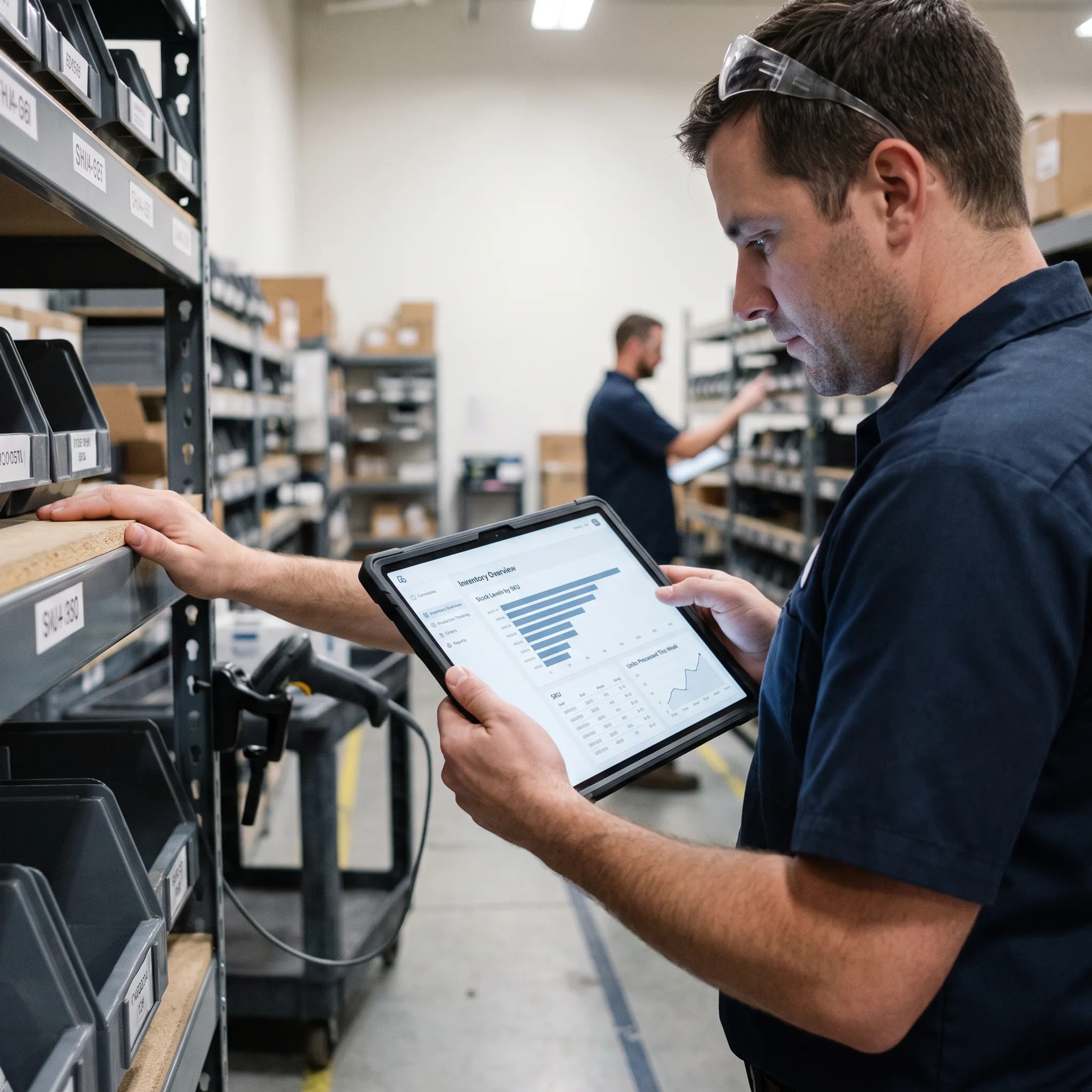 Operator reviewing shop floor inventory data