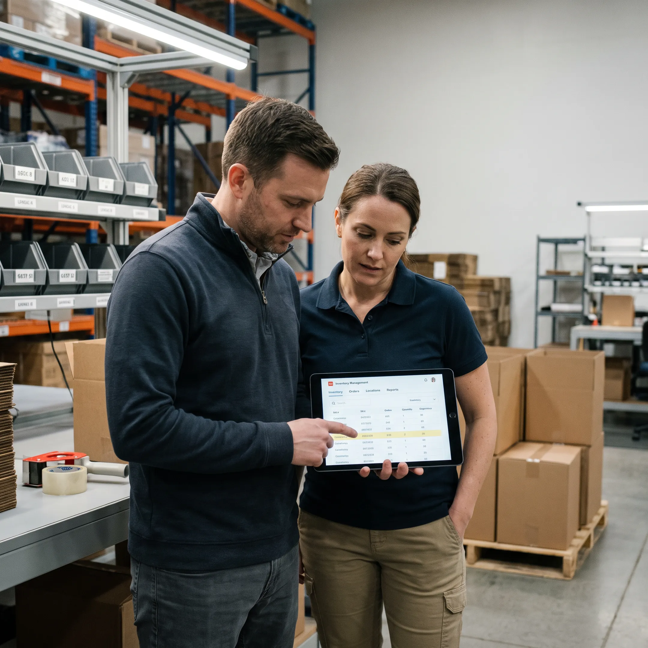 Warehouse team using inventory software beside organized storage racks