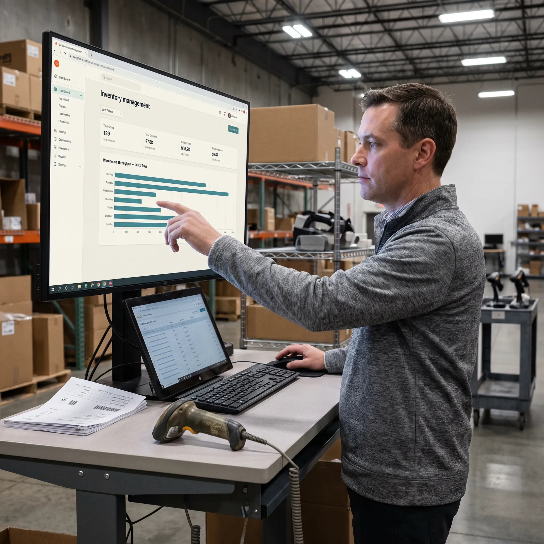 Operations manager reviewing connected warehouse software