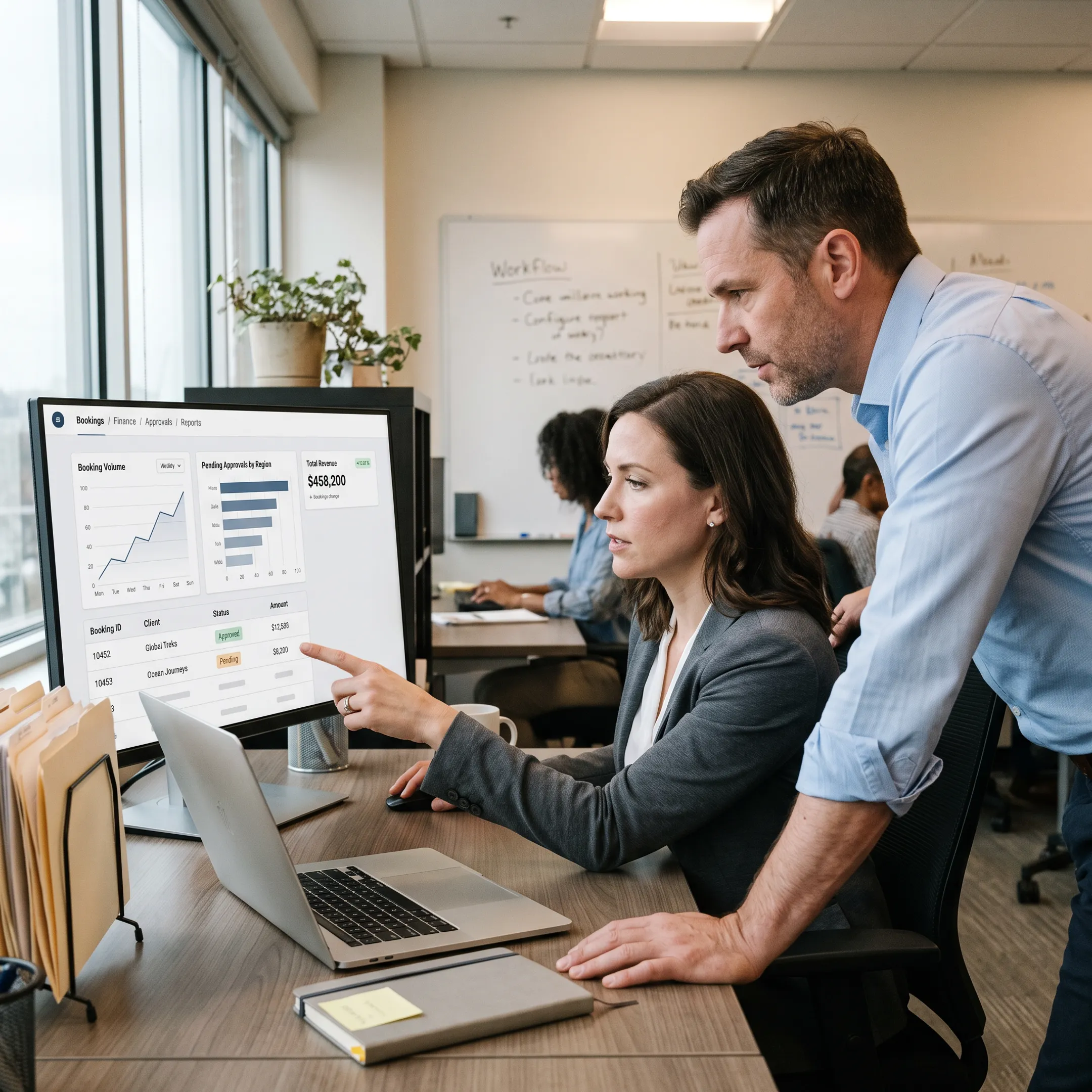 Travel business team reviewing ERP dashboards