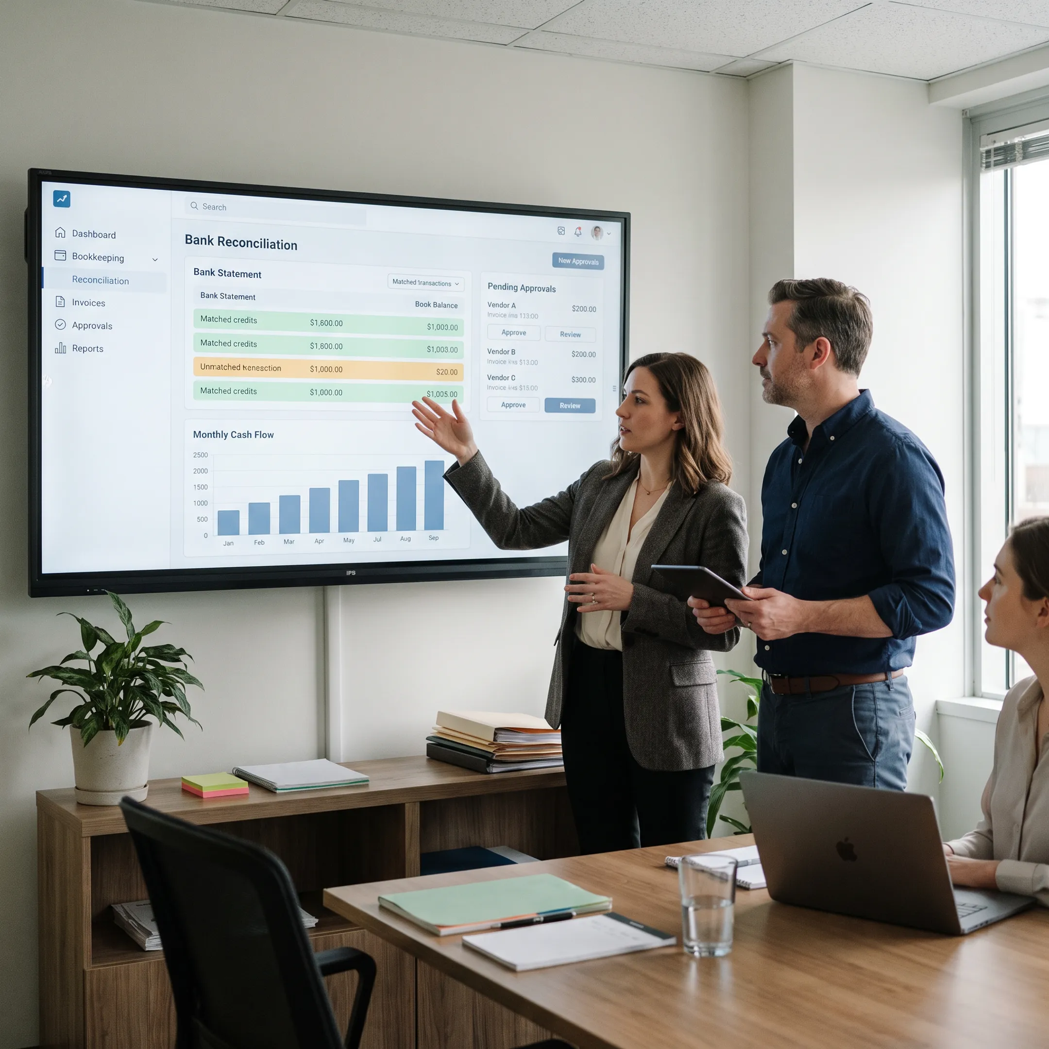Team reviewing accounting software features during a demo