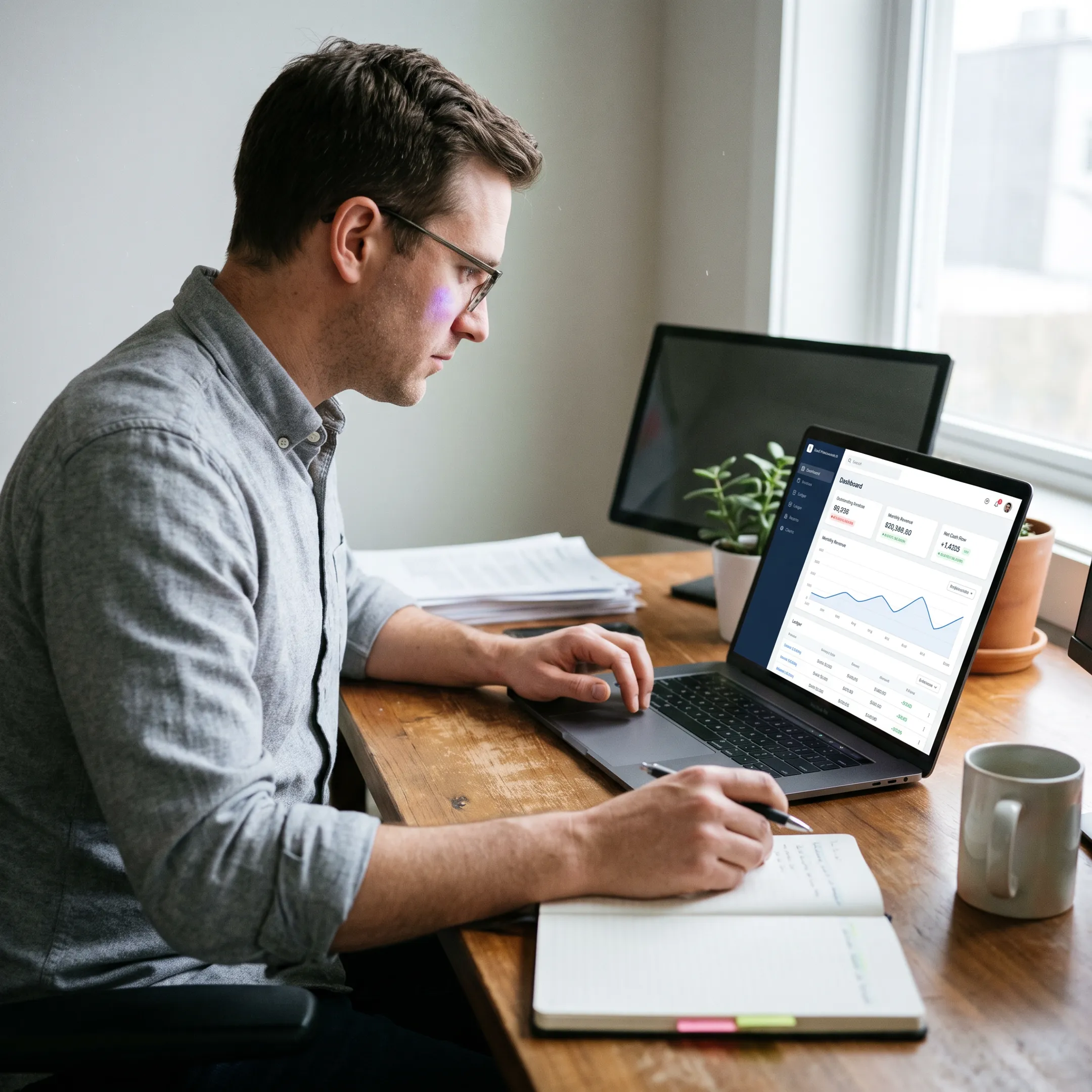 Accounting software demo on a laptop with financial dashboards