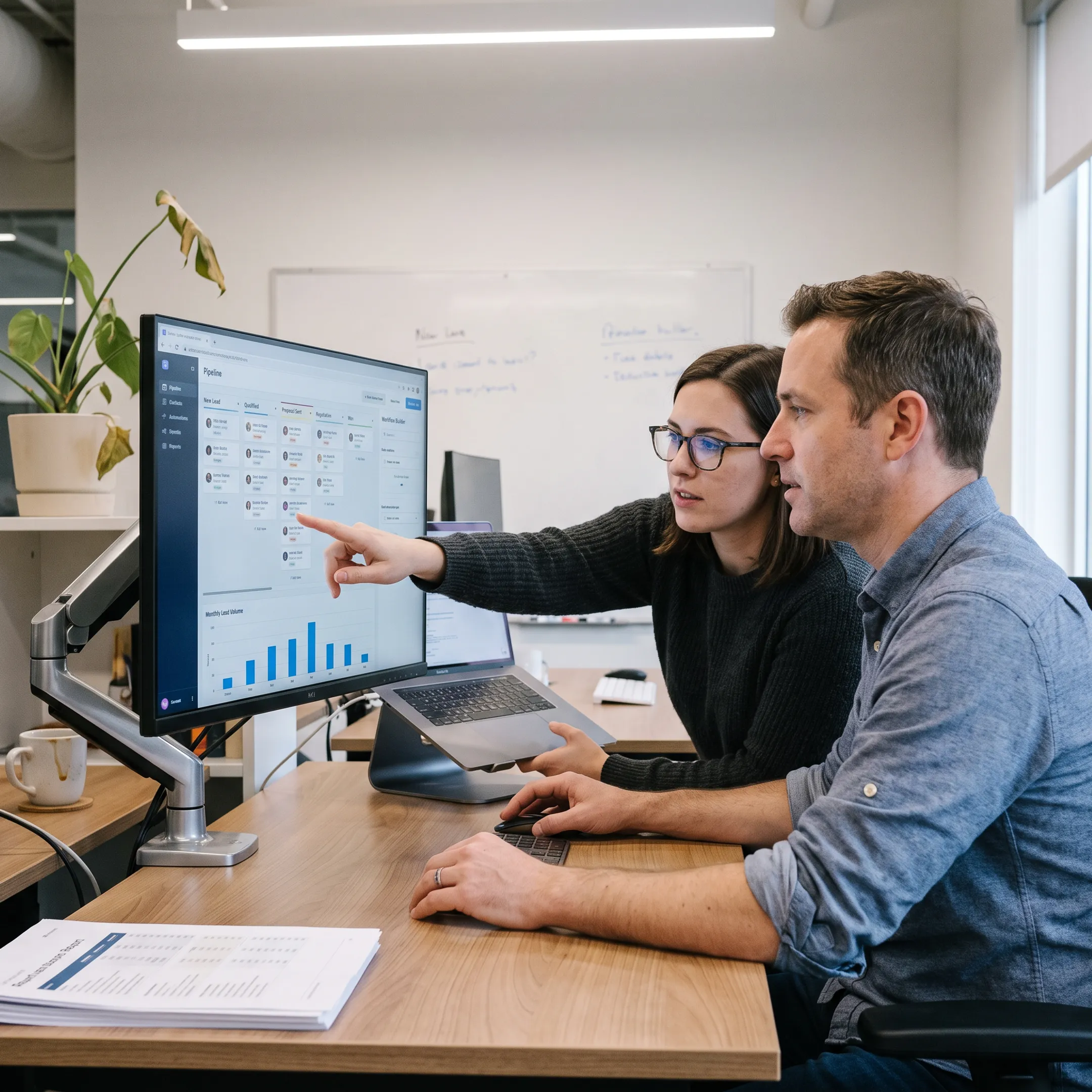 Team reviewing an ECRM and CRM software dashboard