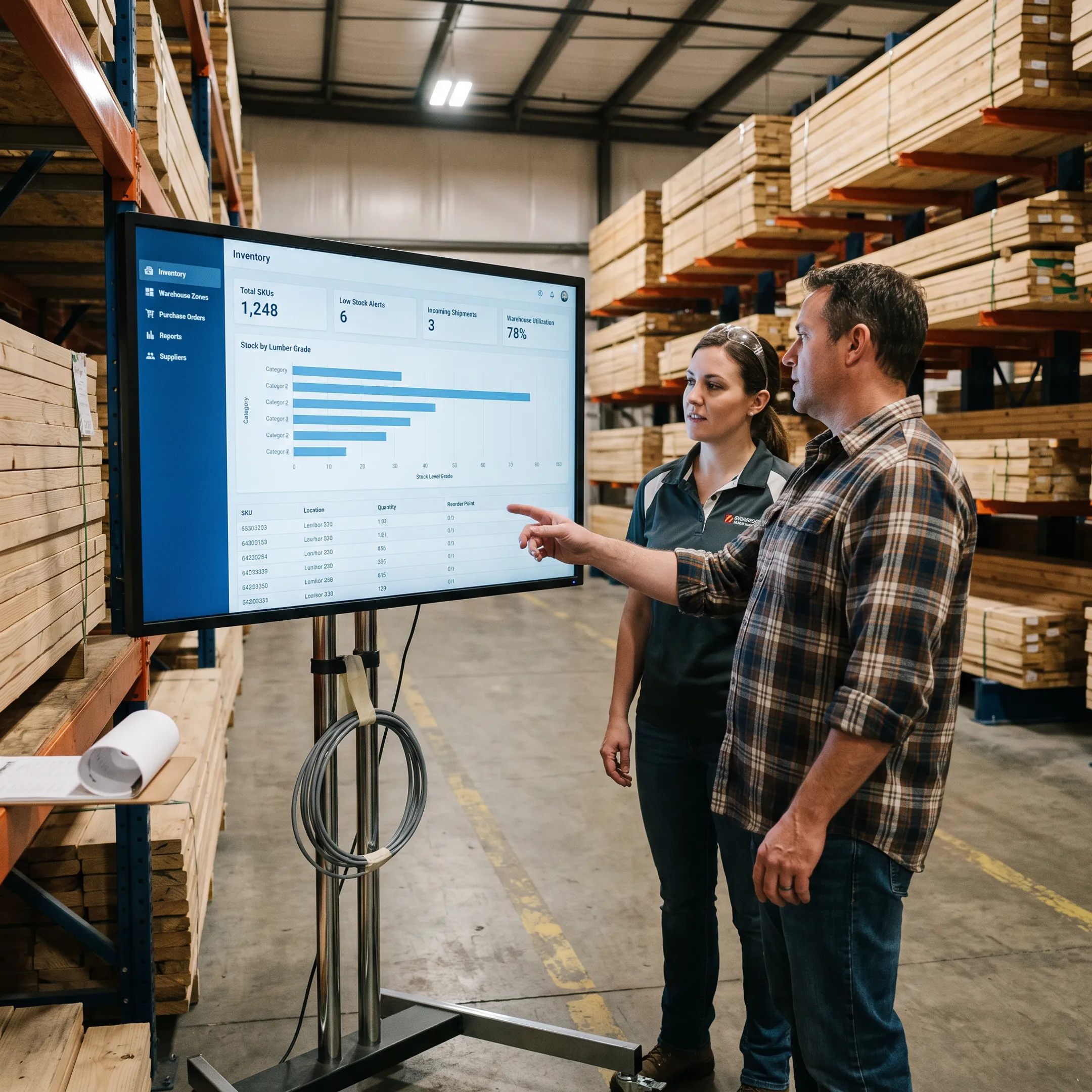 Lumber inventory software dashboard beside organized timber stock