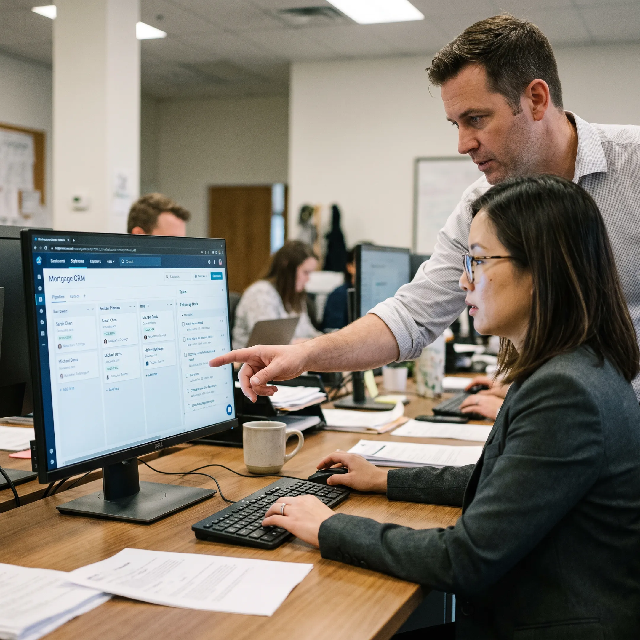 Mortgage CRM dashboard showing leads, borrower communications, and pipeline reporting