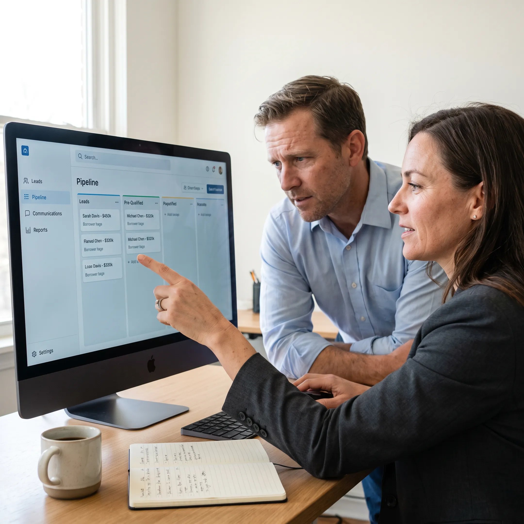 Mortgage professionals reviewing CRM software dashboards and borrower pipeline data