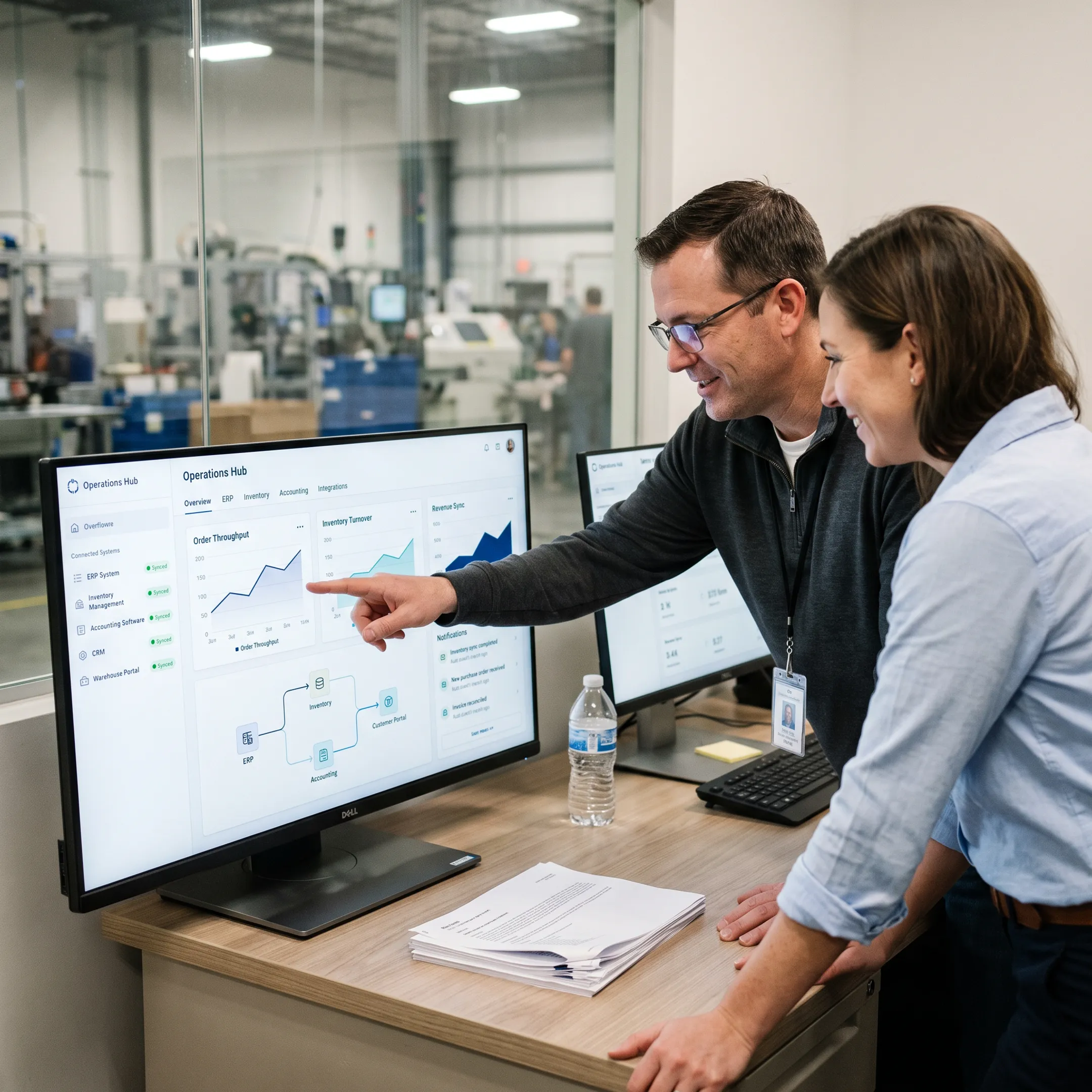 Integrated manufacturing software dashboard connecting ERP, inventory, and production systems
