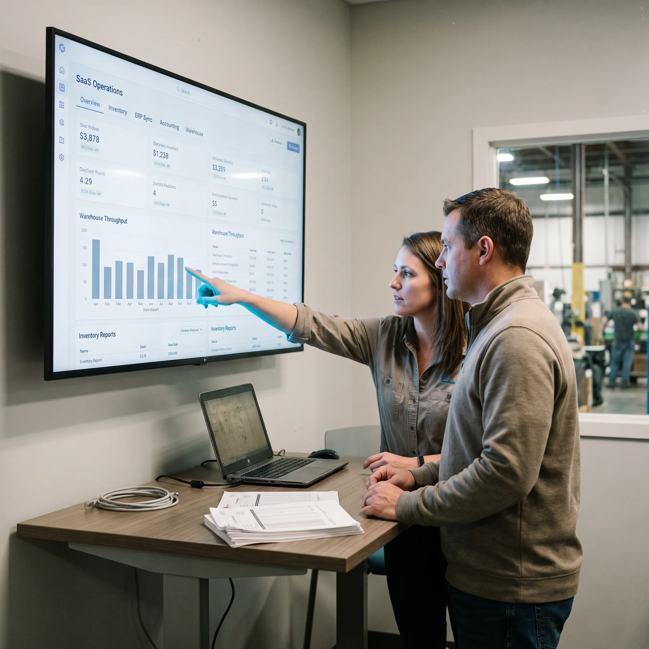 Manufacturing team reviewing connected business system data