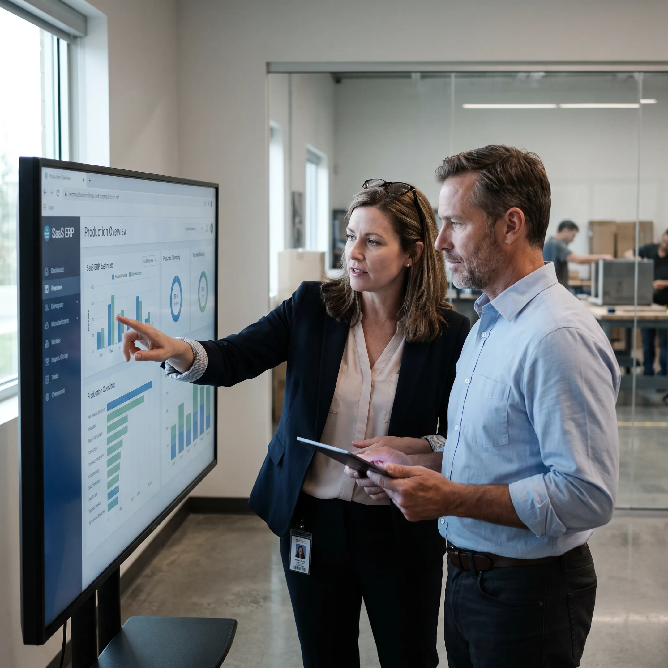 Manufacturing team reviewing ERP data