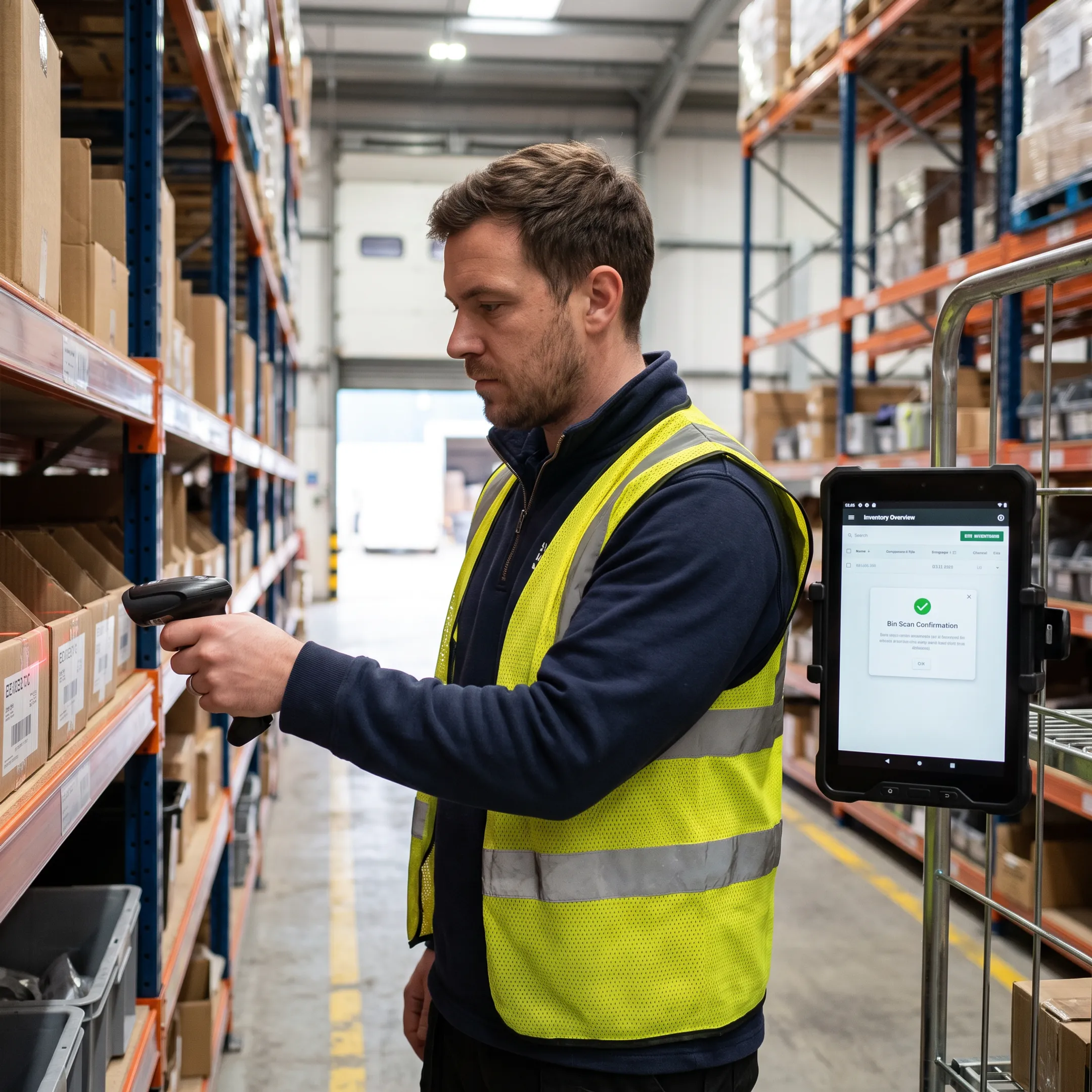 Warehouse worker scanning inventory with optimization software