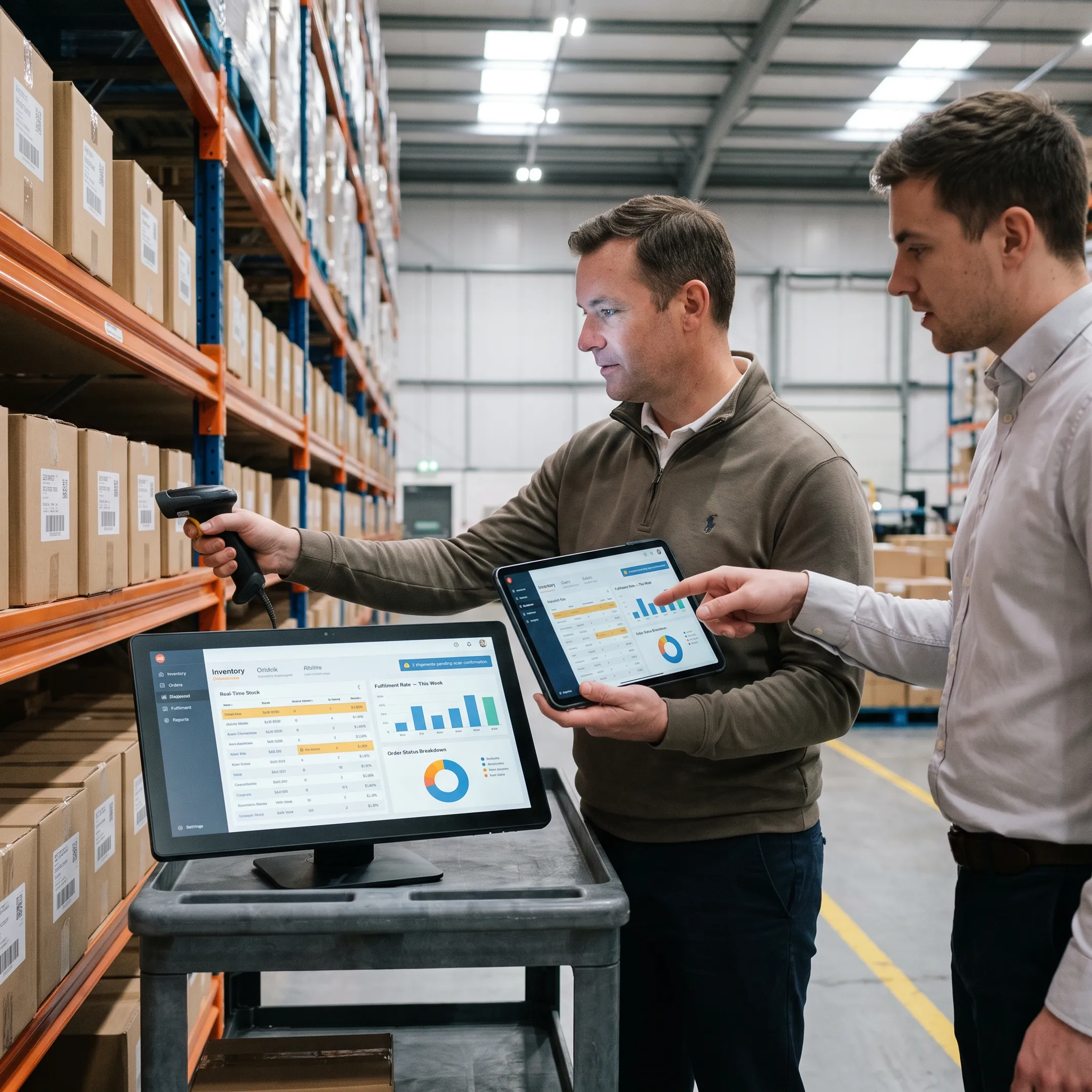 Warehouse optimization software dashboard beside organized inventory shelves