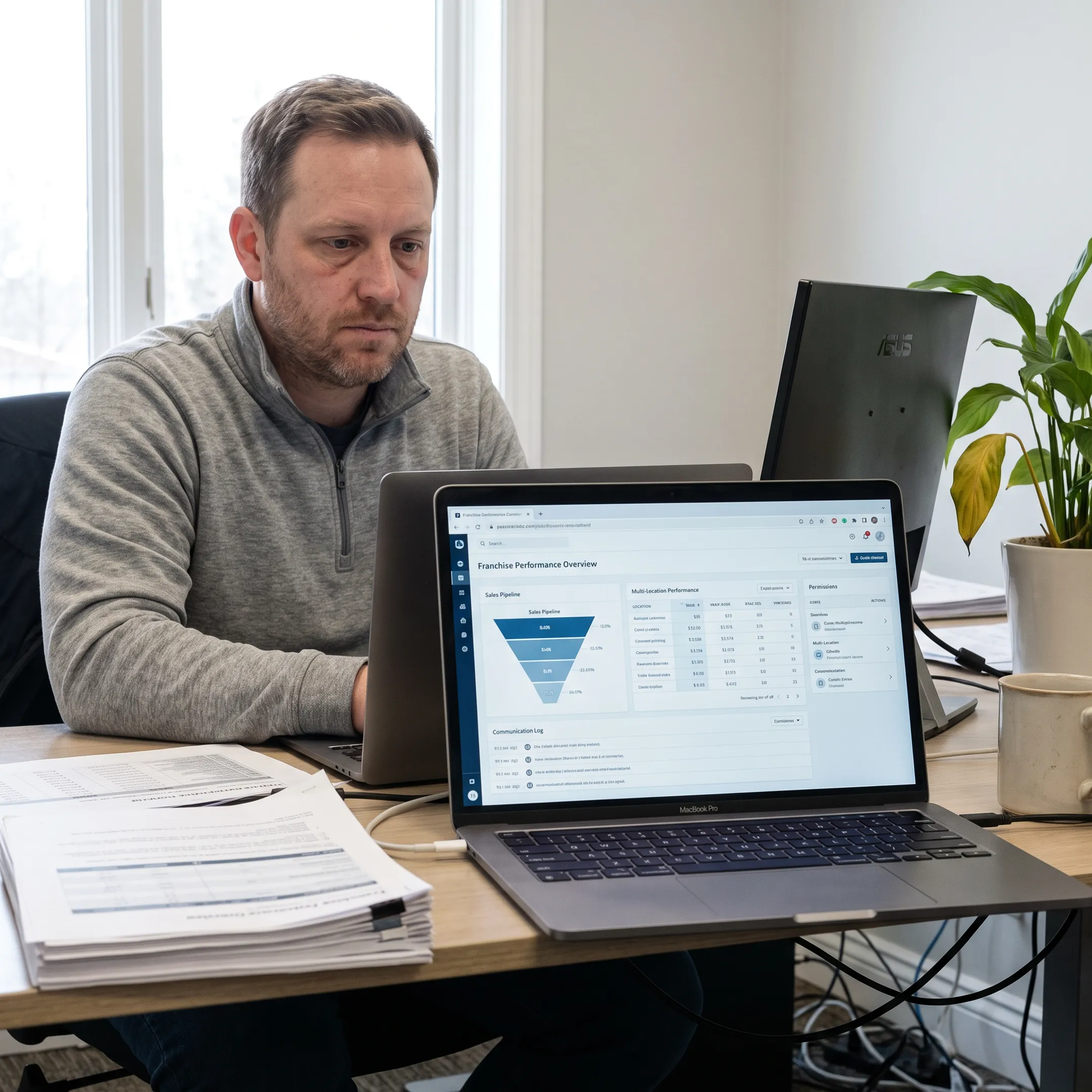 Franchise CRM dashboard displaying leads, pipelines, locations, and performance reports