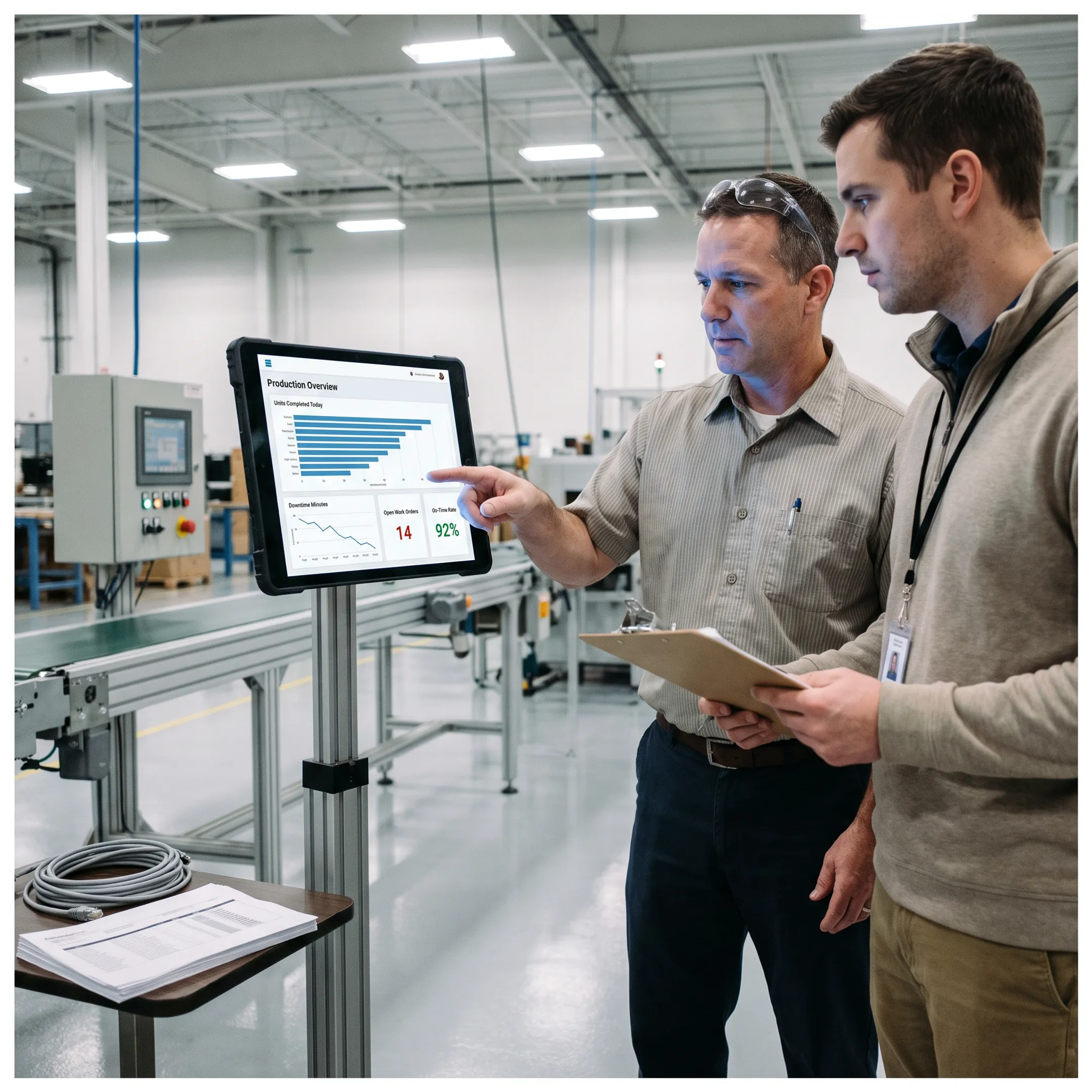 Factory team reviewing automated manufacturing tracking dashboards