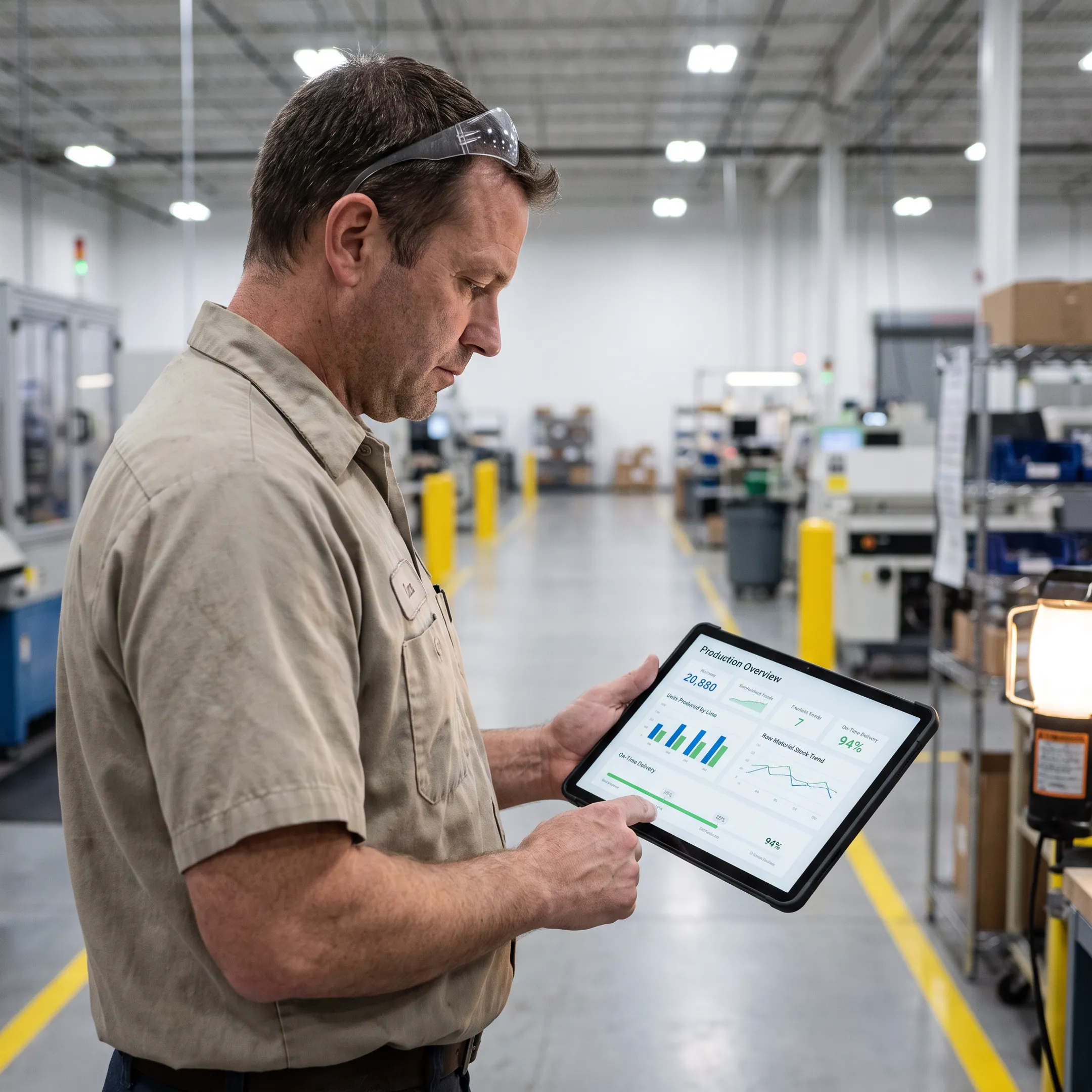 Manufacturing manager viewing connected operations software