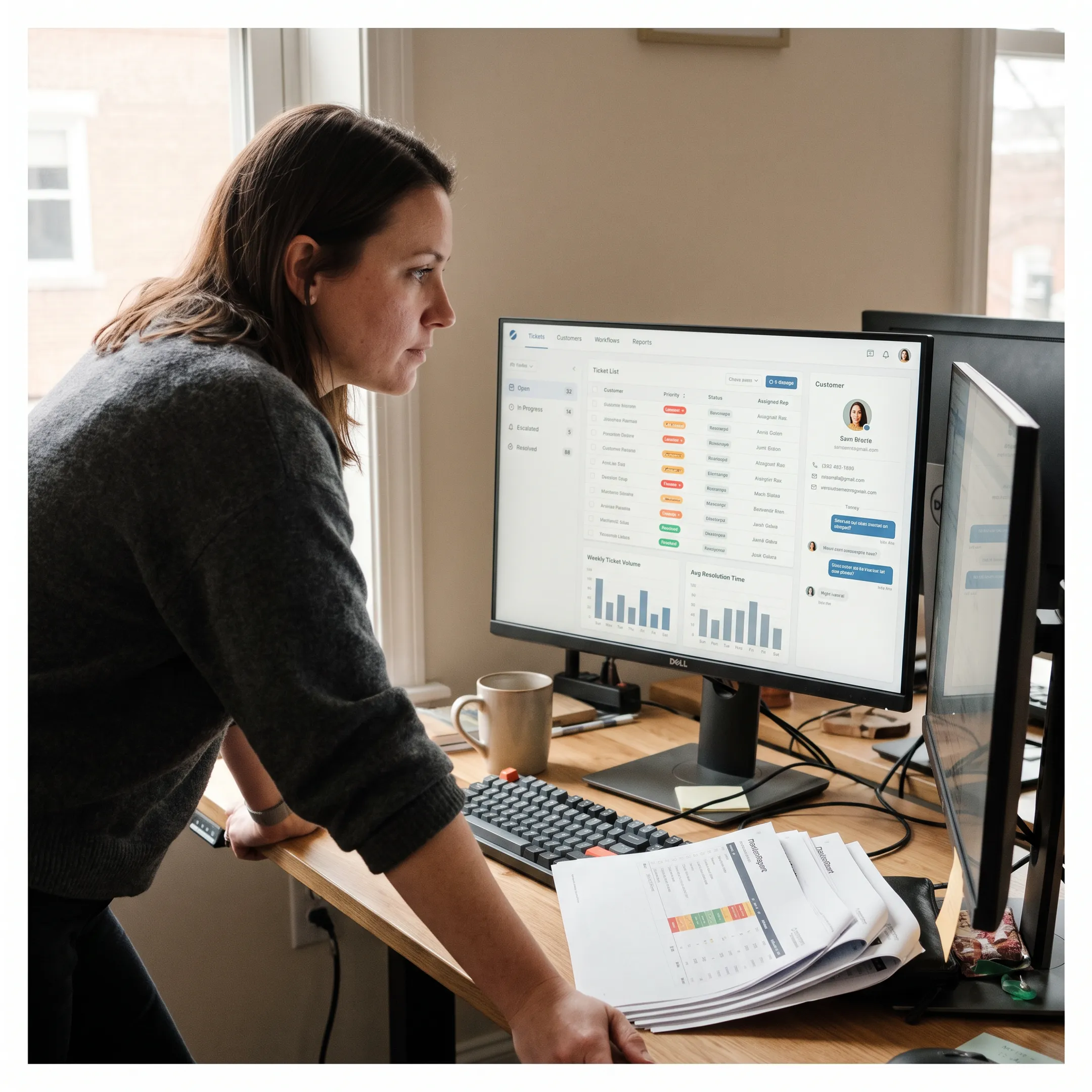 Service center management software dashboard with tickets and customer records