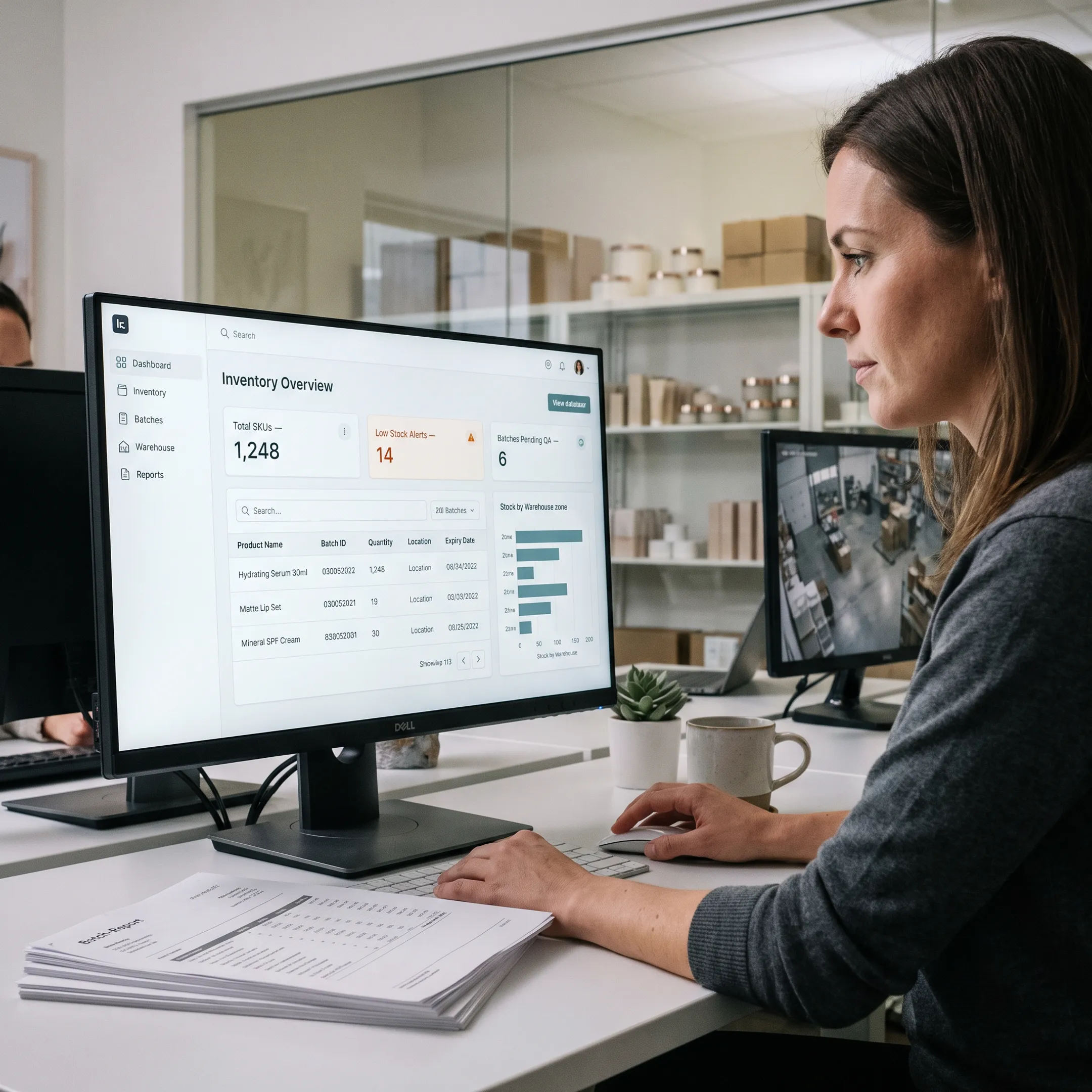 Cosmetics inventory management dashboard beside organized beauty products