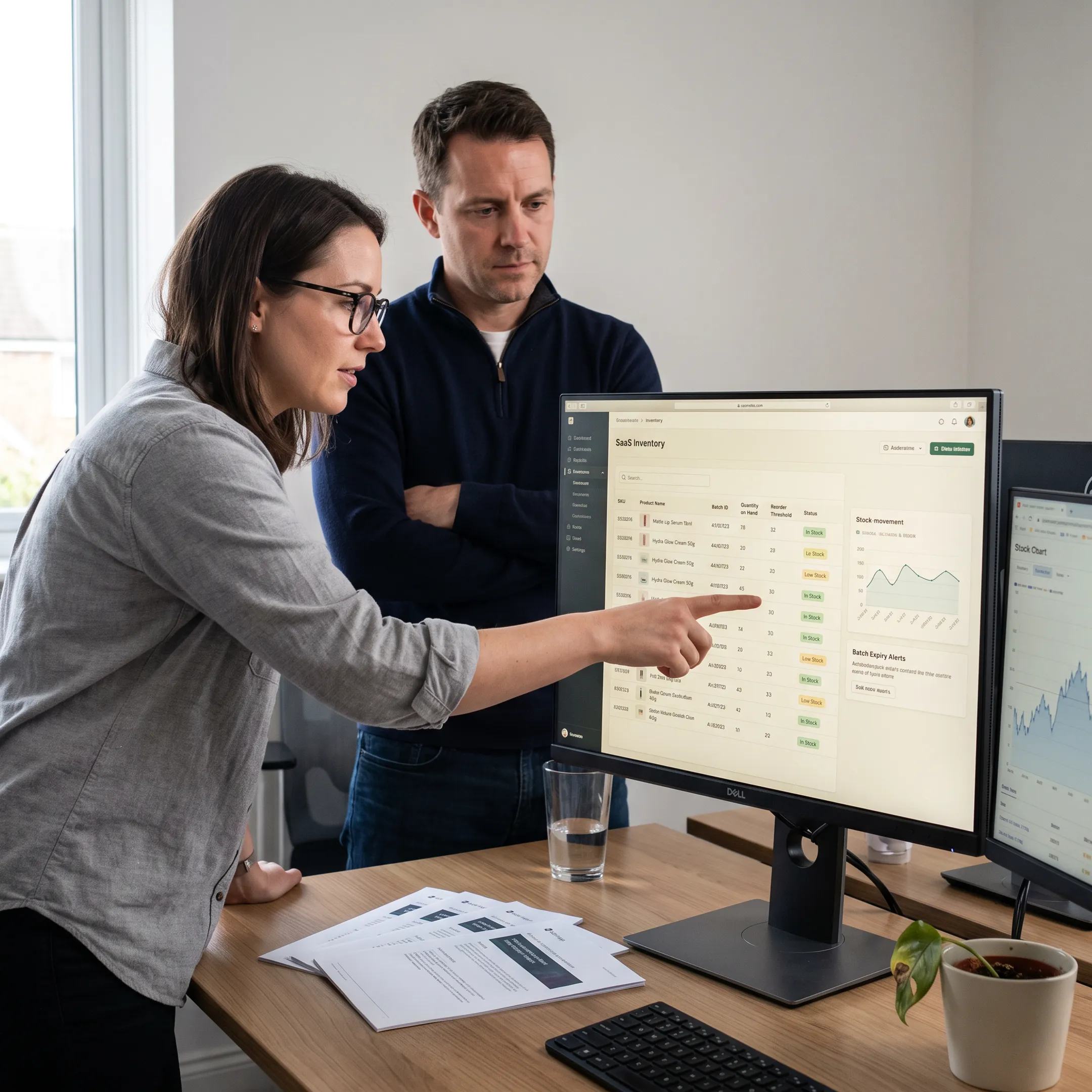 Team reviewing cosmetics inventory software on a laptop