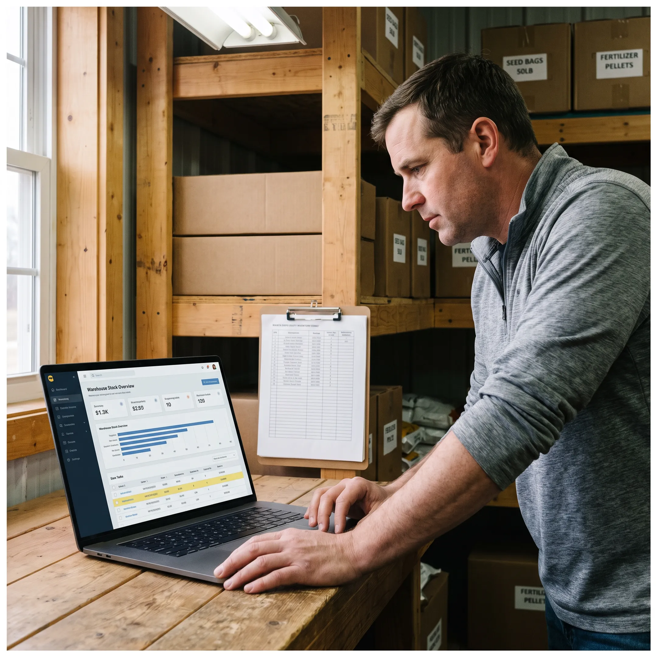 Farm inventory management software dashboard displayed beside agricultural supplies