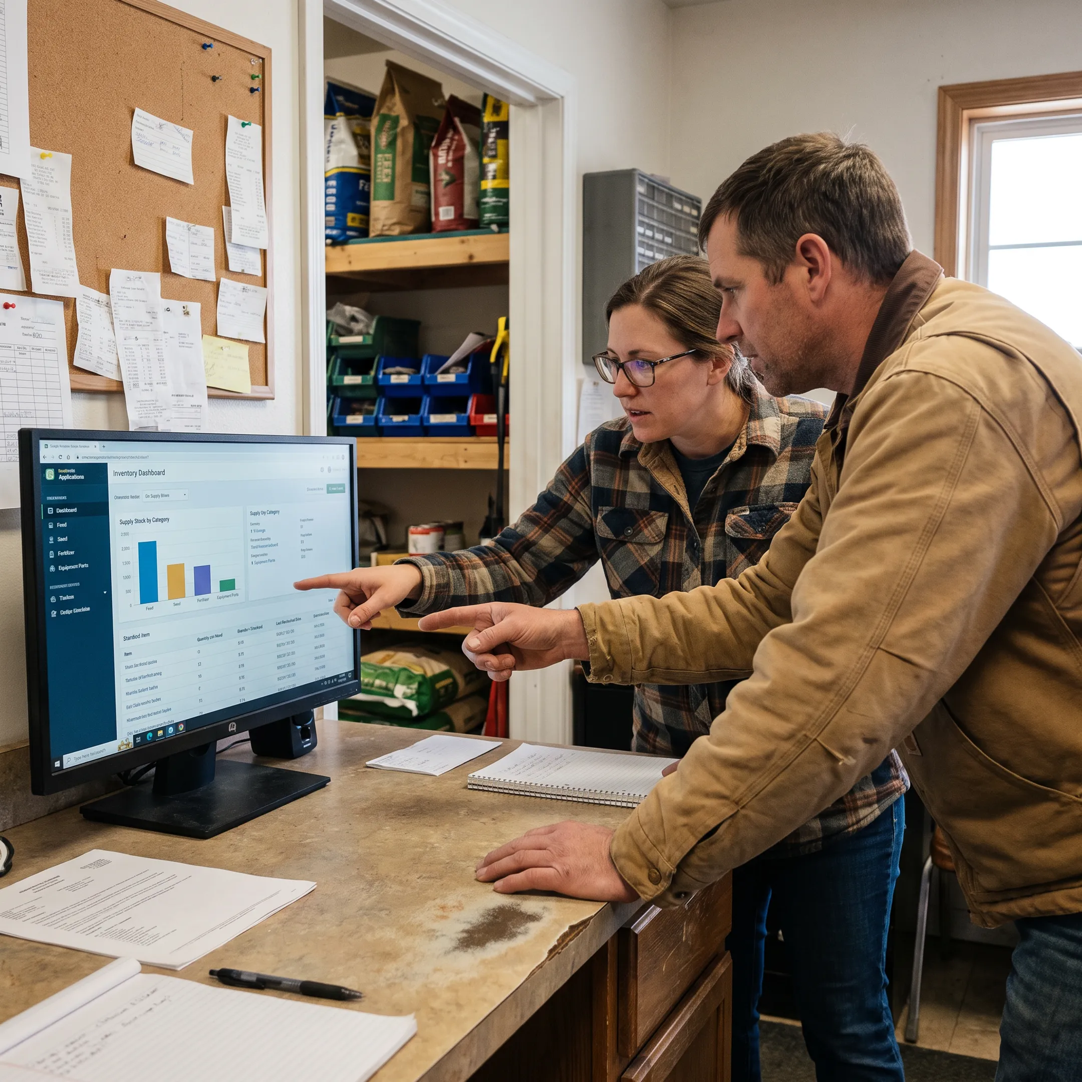 Agricultural operations team reviewing inventory software