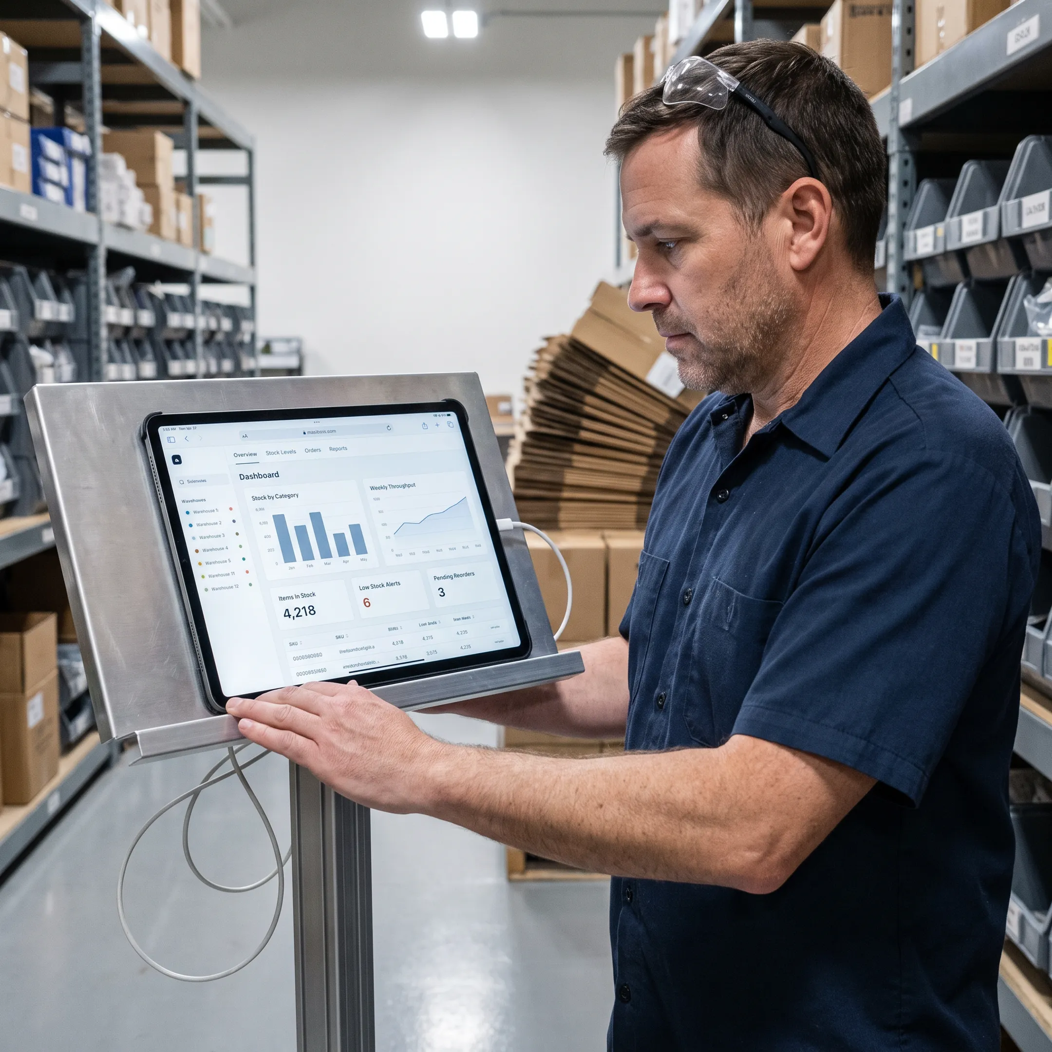 Operations manager reviewing manufacturing inventory data on a computer