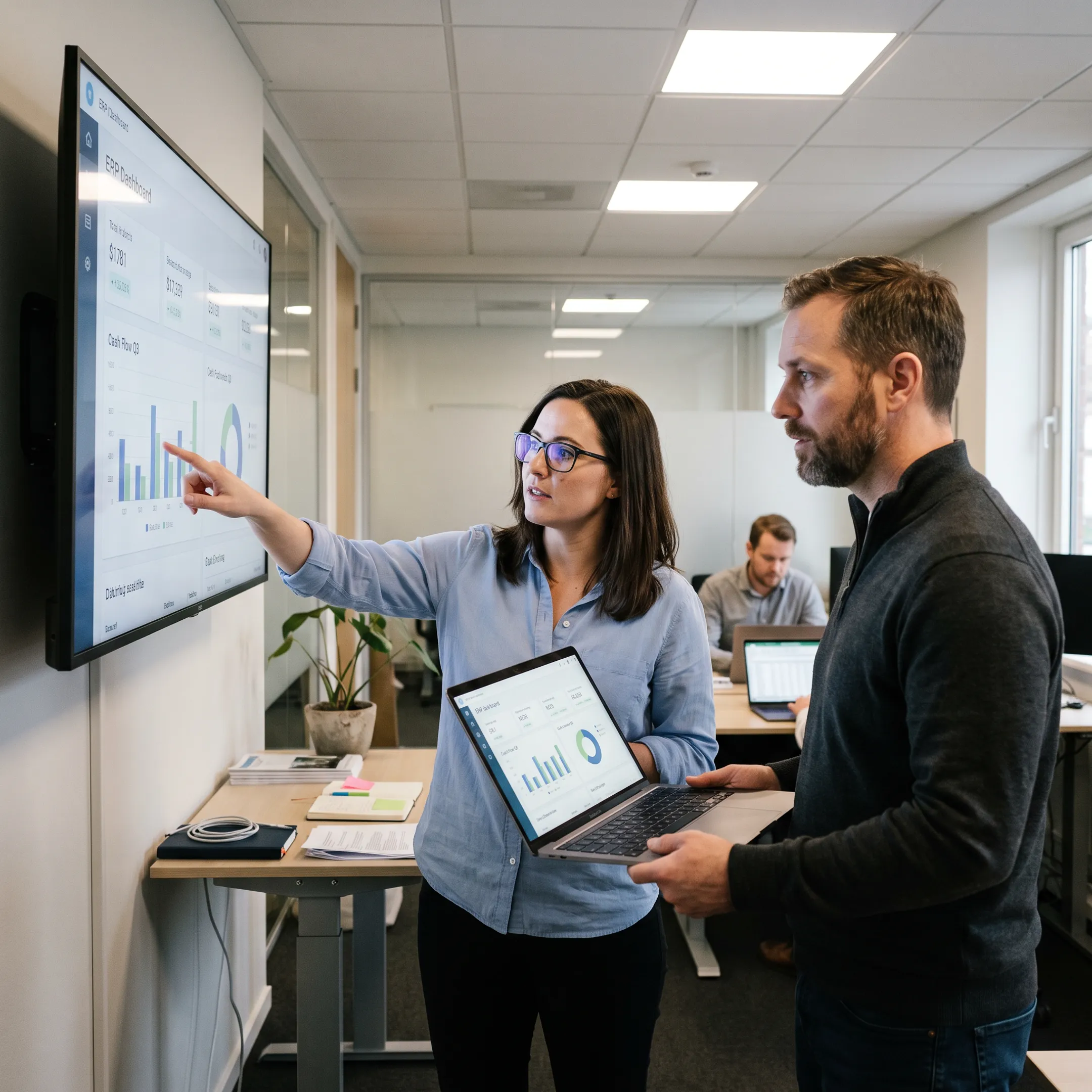 Team reviewing an AI-native ERP dashboard in a modern office
