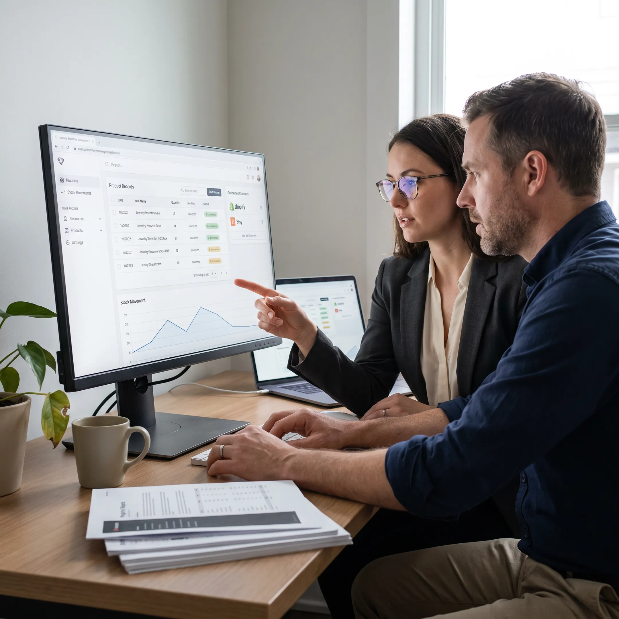 Team reviewing jewelry inventory data on a software dashboard
