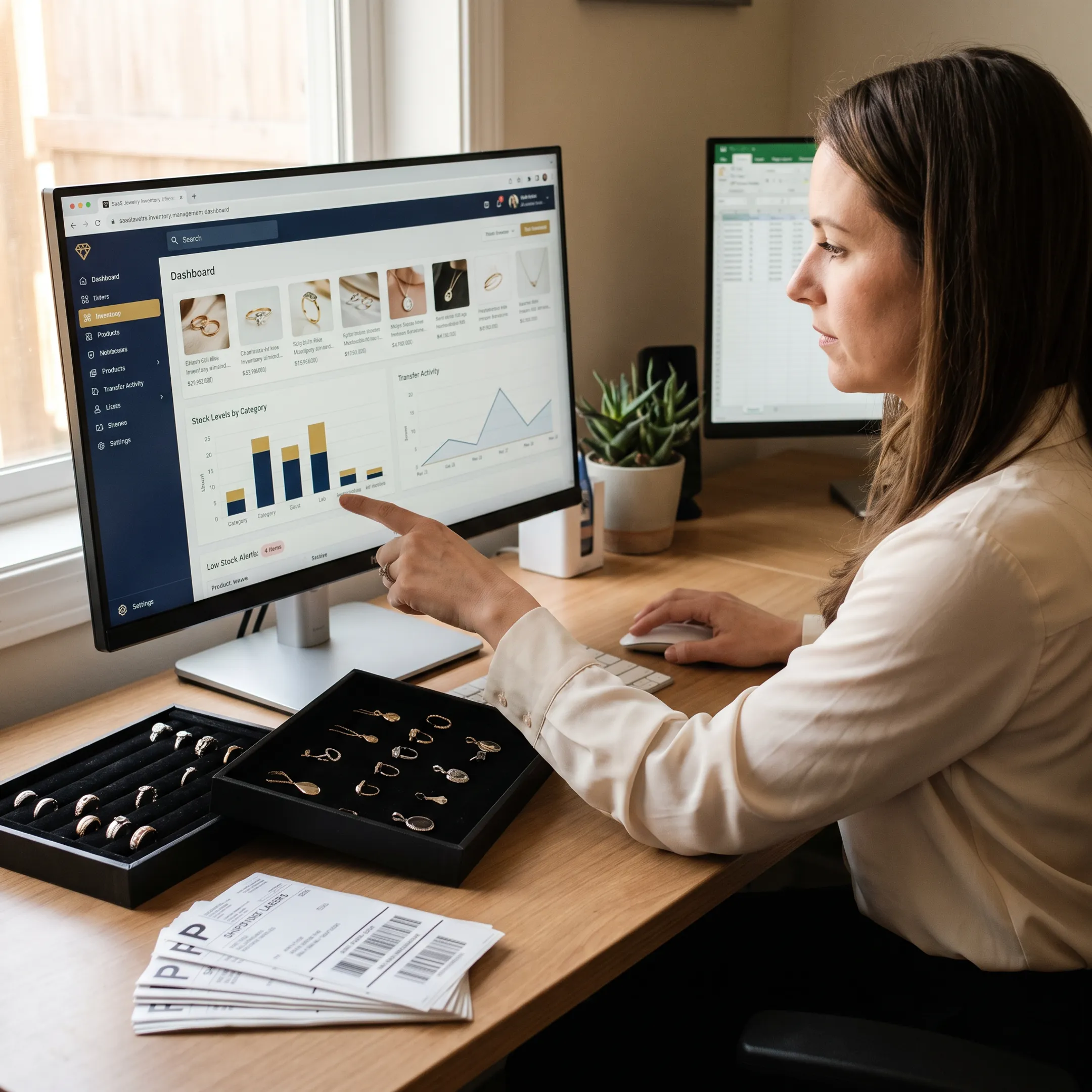 Jewelry inventory management software dashboard beside organized jewelry stock