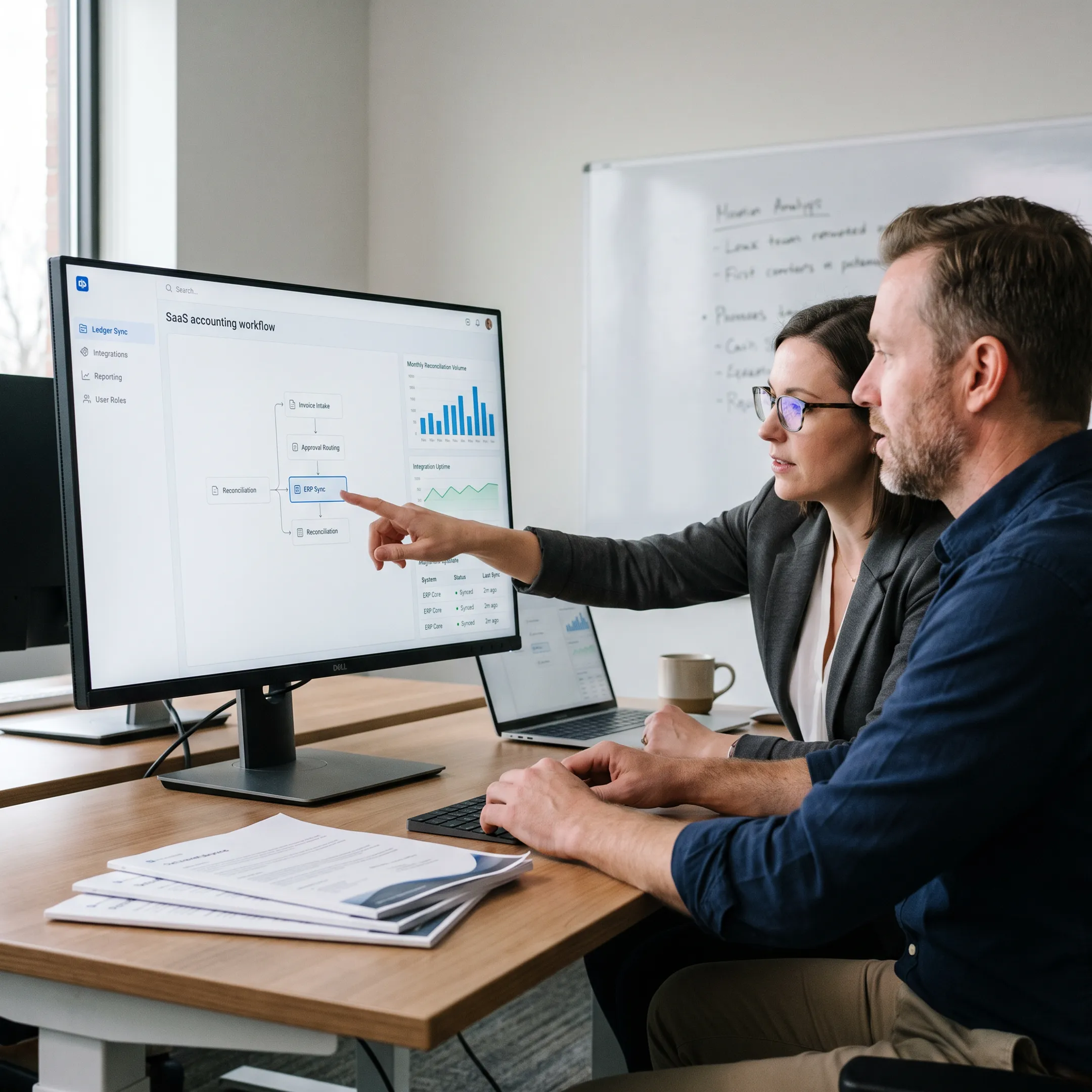 Financial software planning session with accounting dashboards
