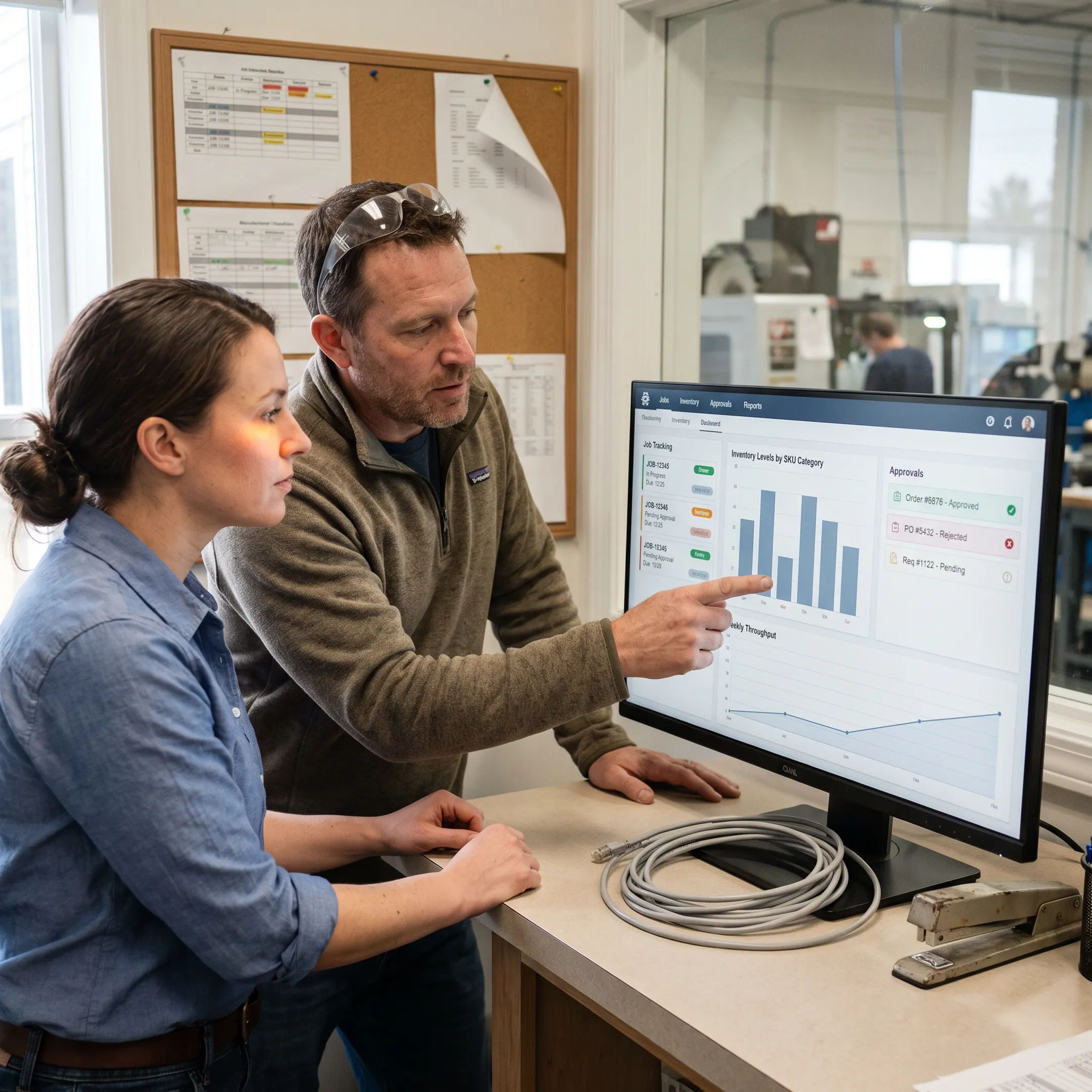 Manufacturing team reviewing integrated ERP operations dashboard