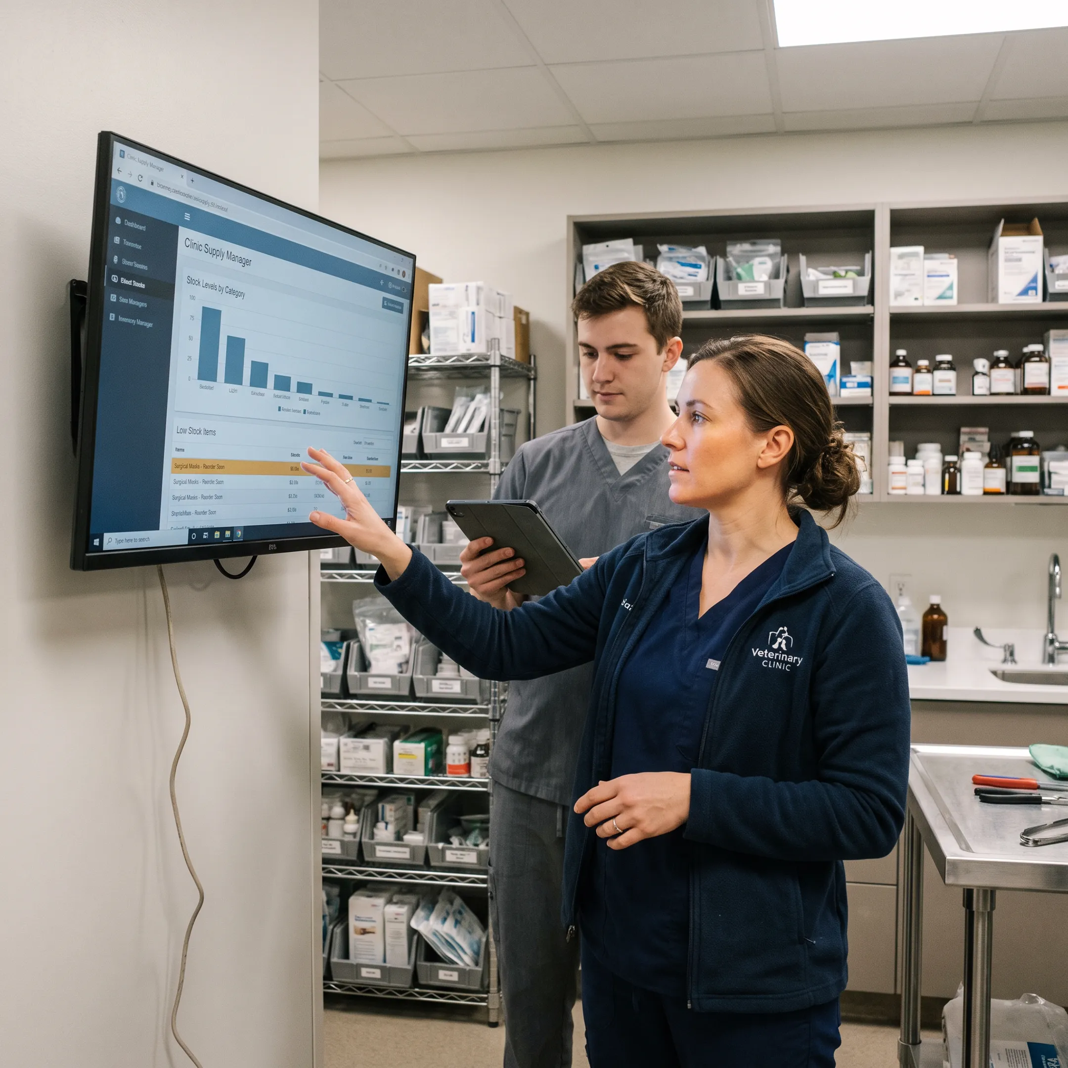 Veterinary staff reviewing inventory software