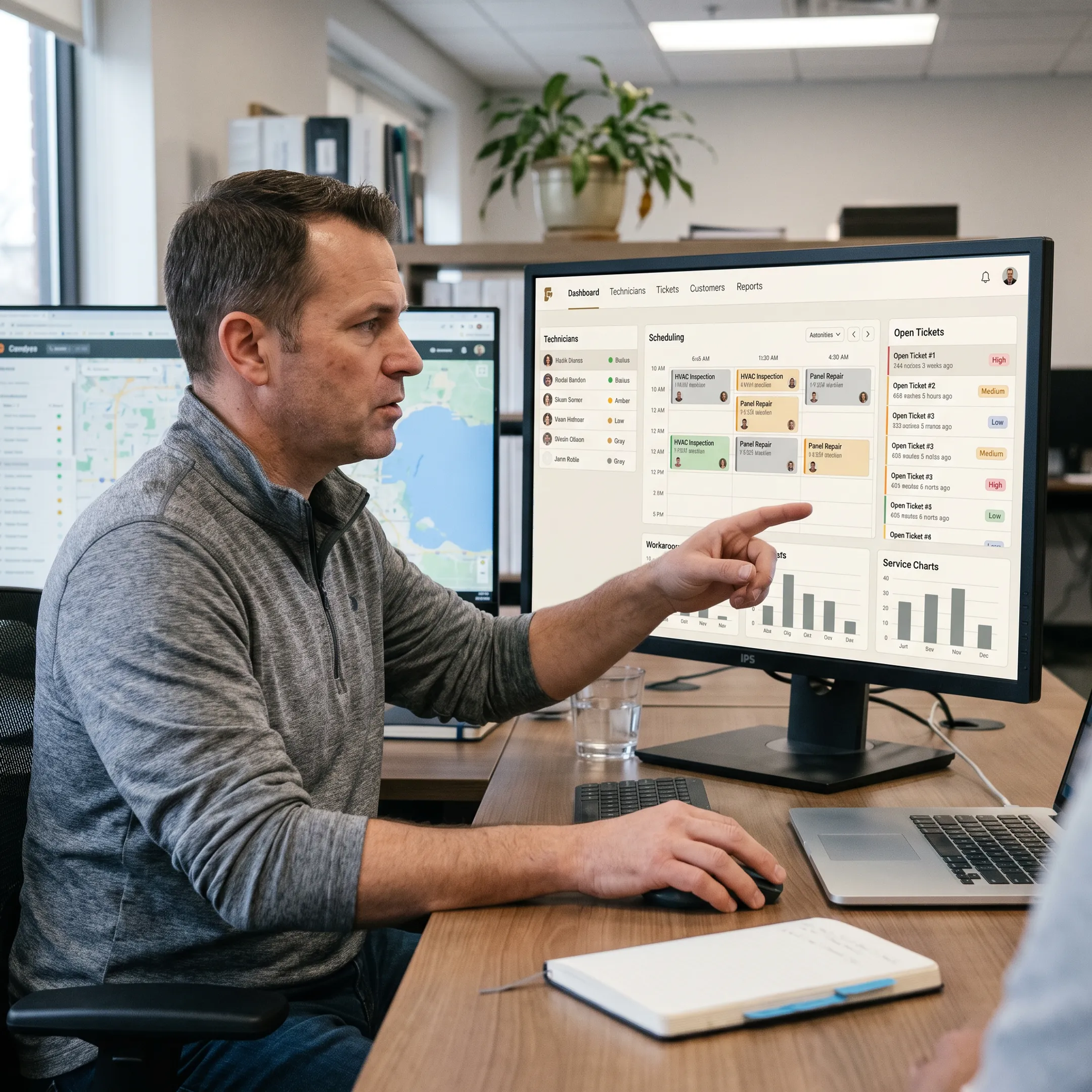 Field service manager reviewing technician tracking software