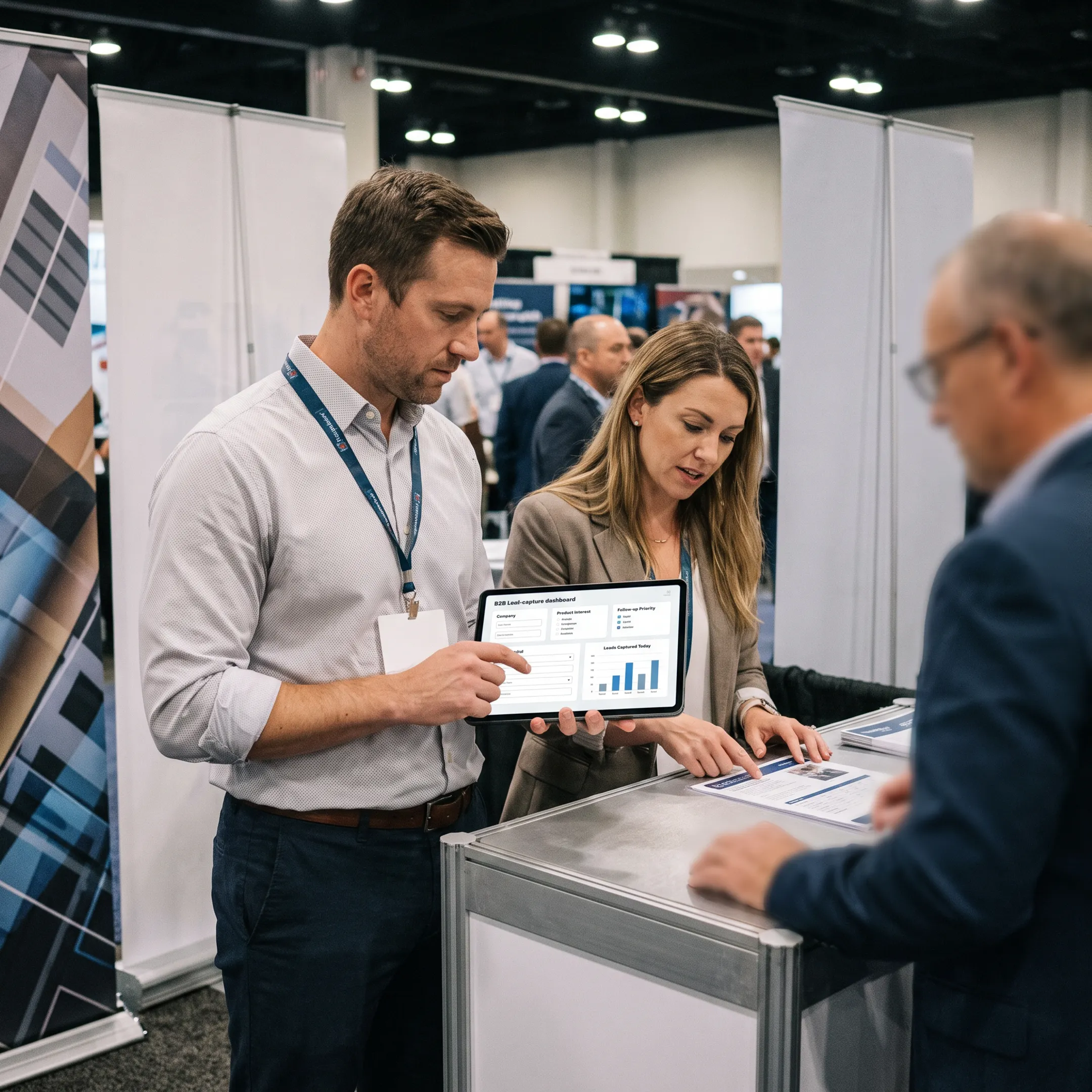 Team using trade show ordering software on a tablet