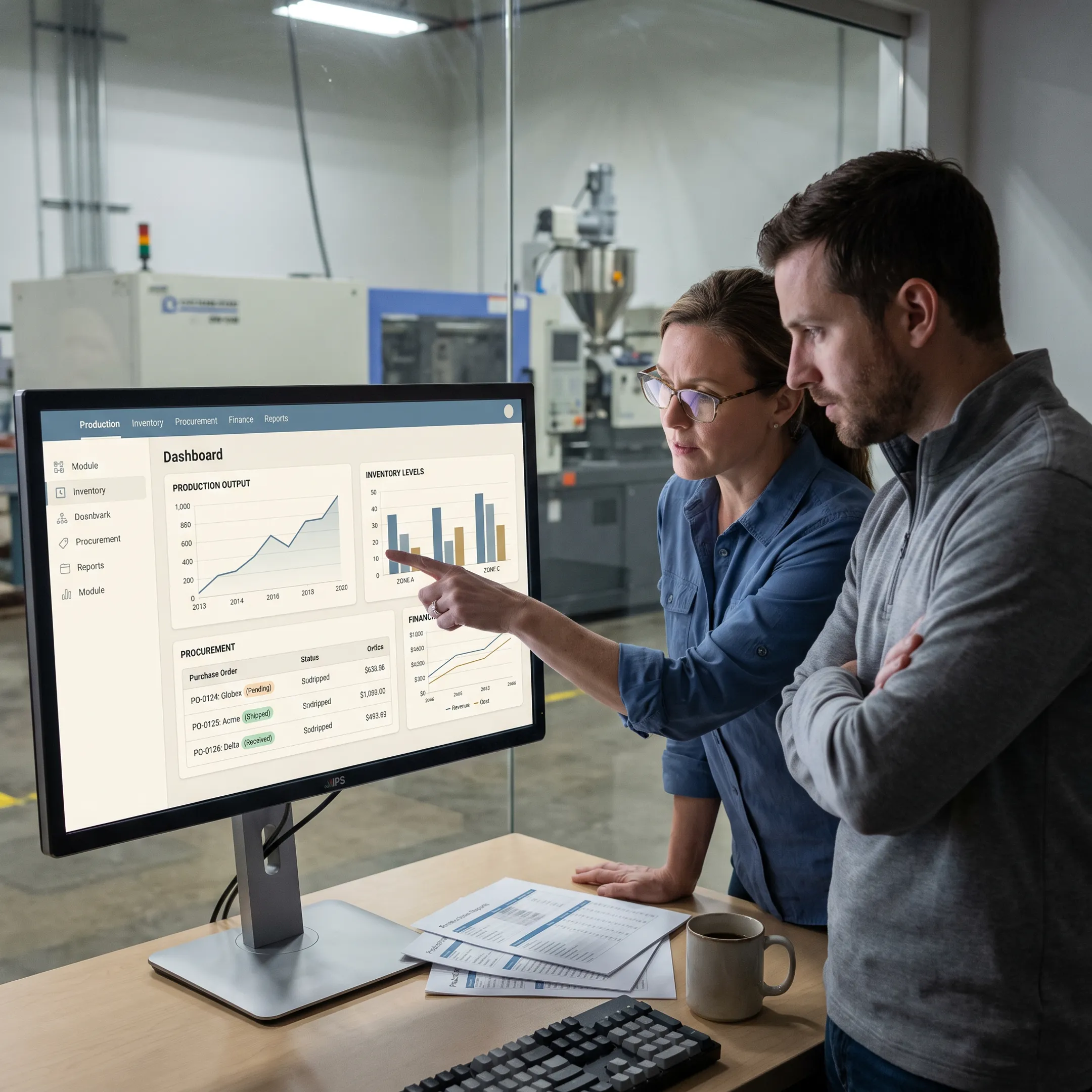 Manufacturing team reviewing ERP data
