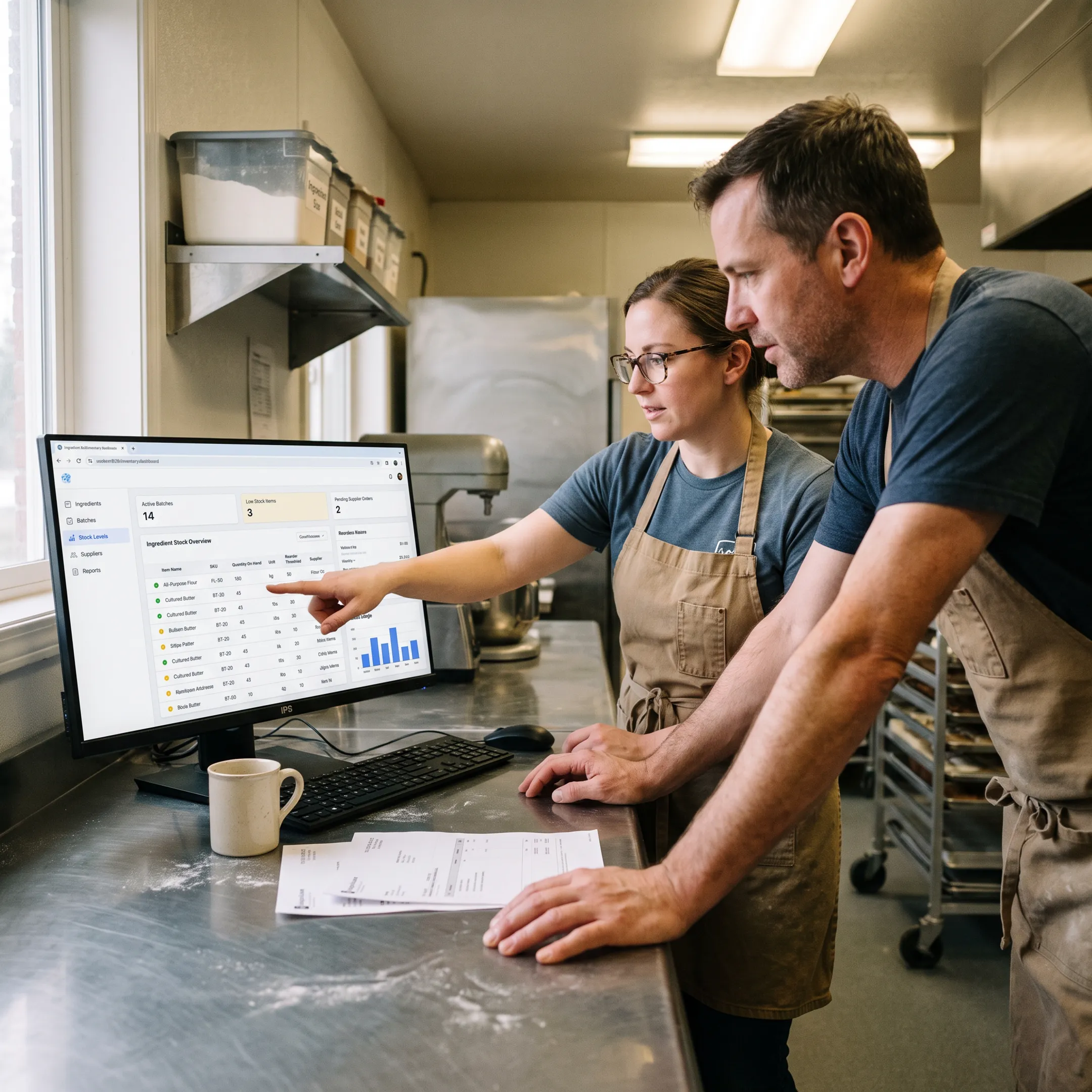 Bakery team reviewing inventory software and ingredient stock information
