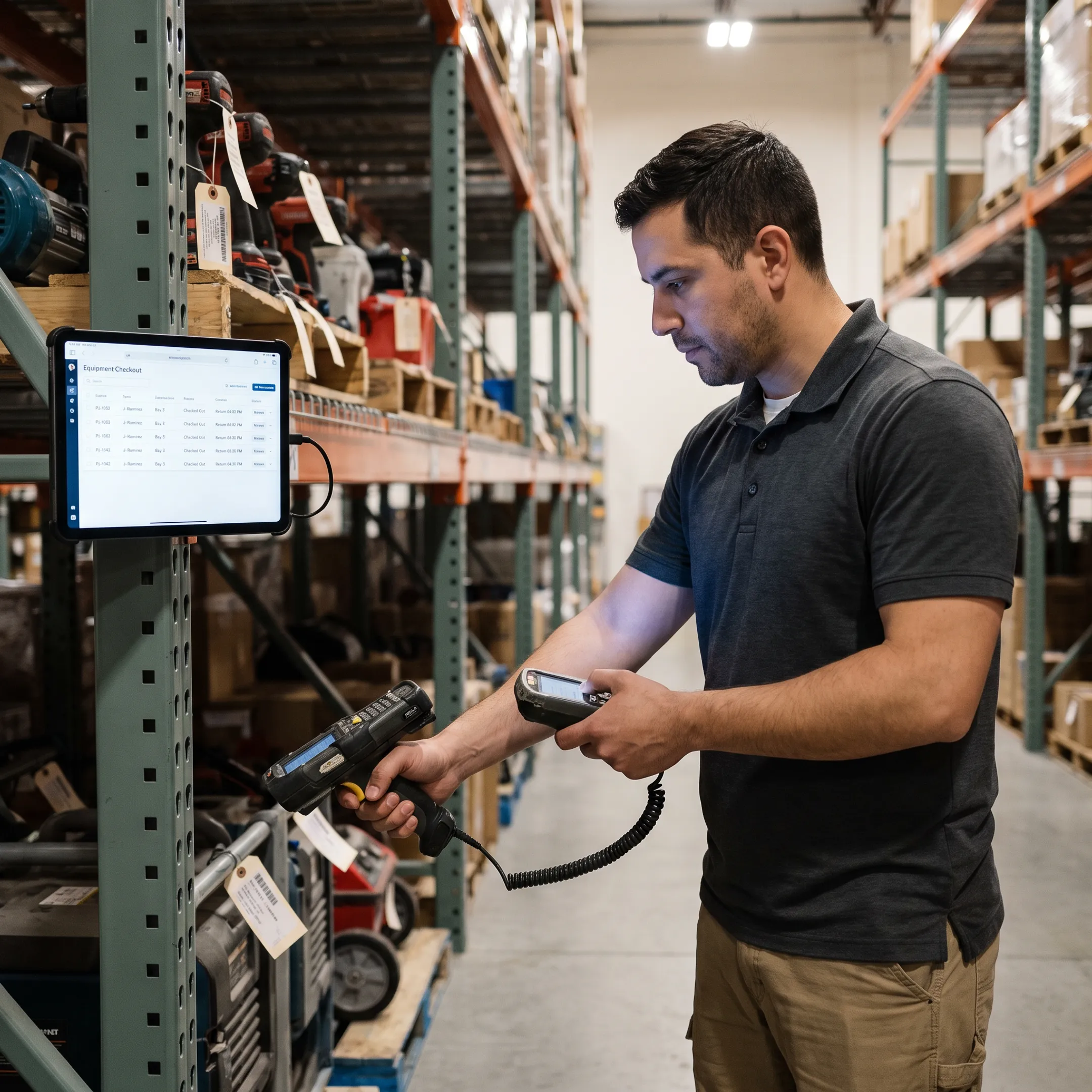Worker scanning equipment during inventory check-out