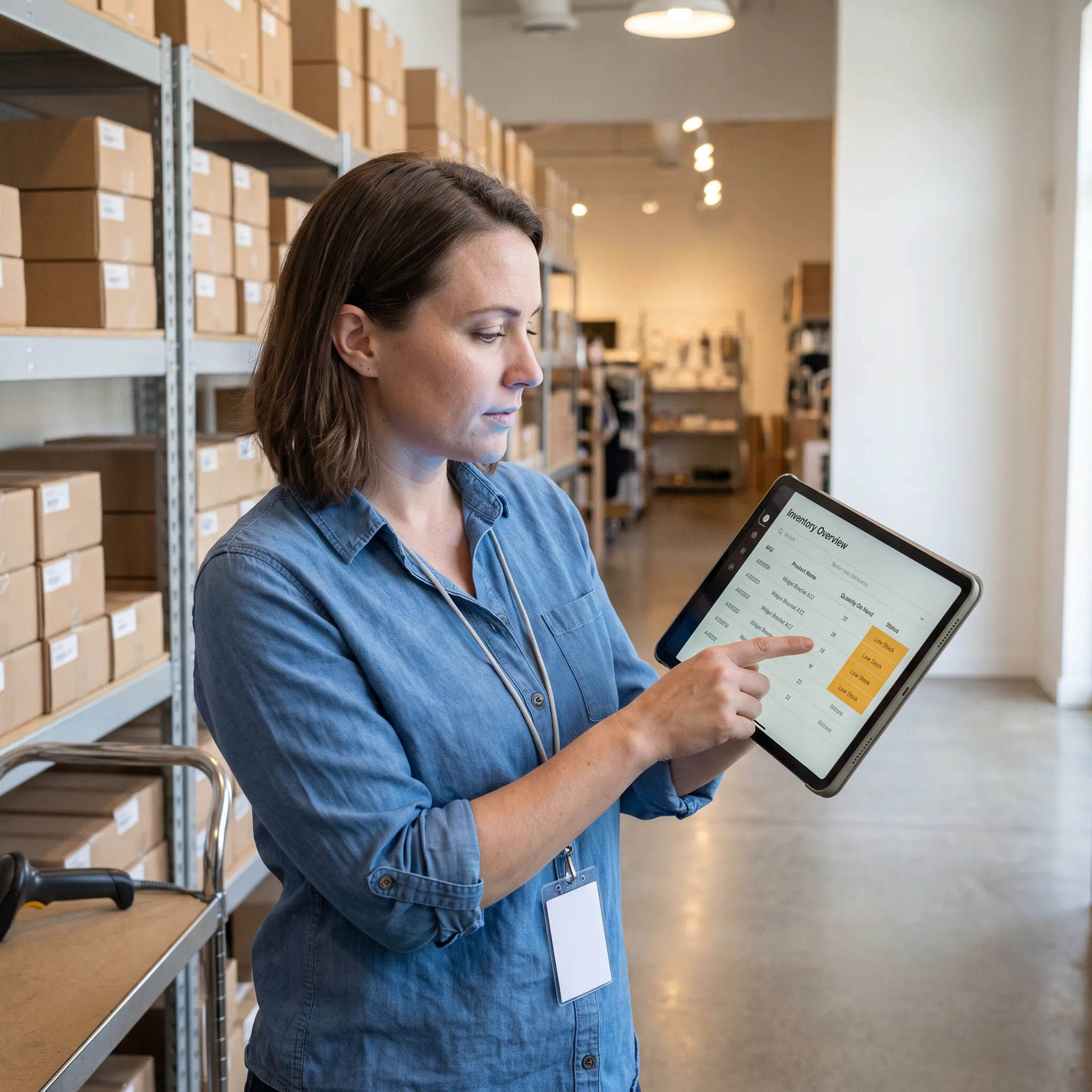Store associate using inventory fulfilment software at a retail workstation