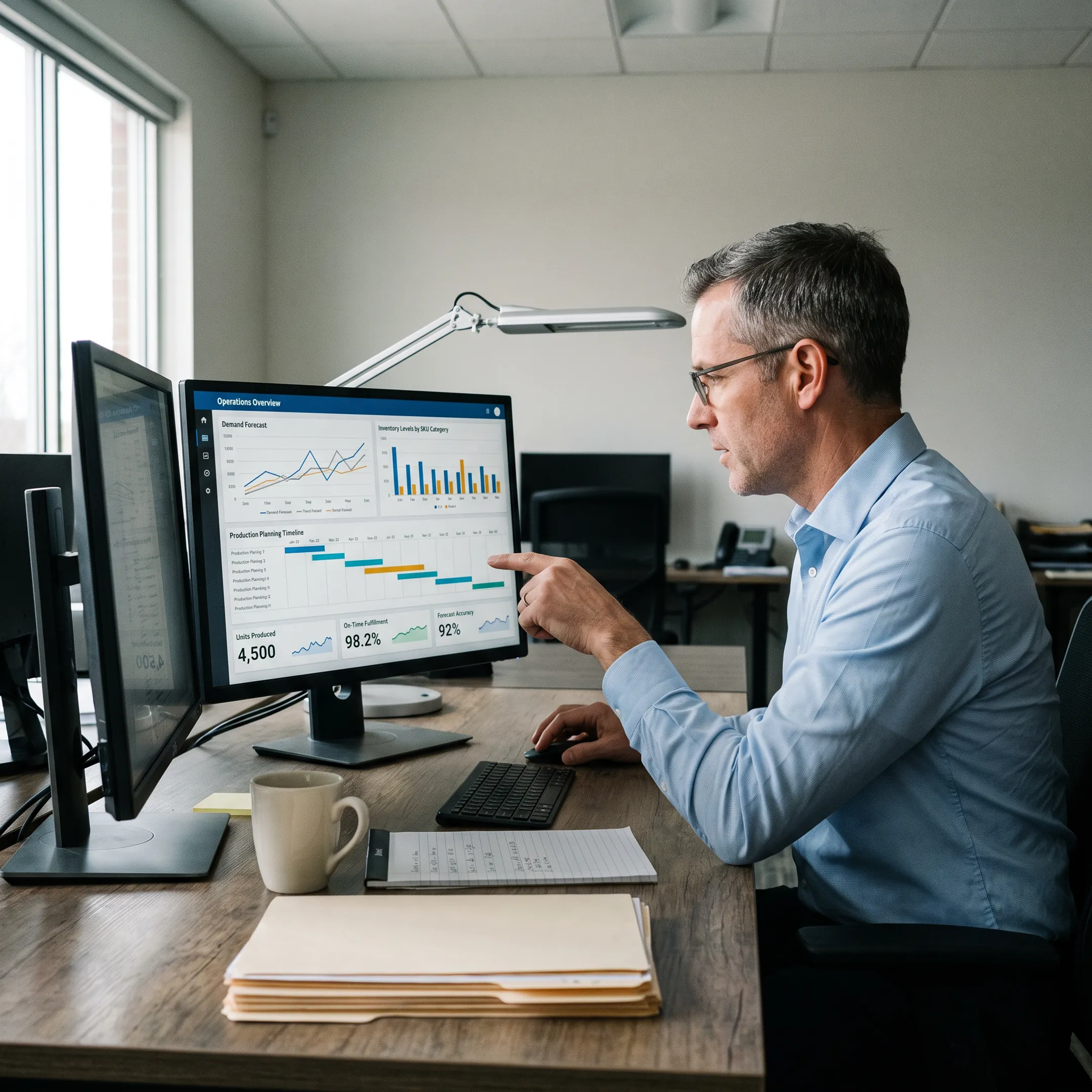 Manufacturing forecasting software dashboard beside production planning data