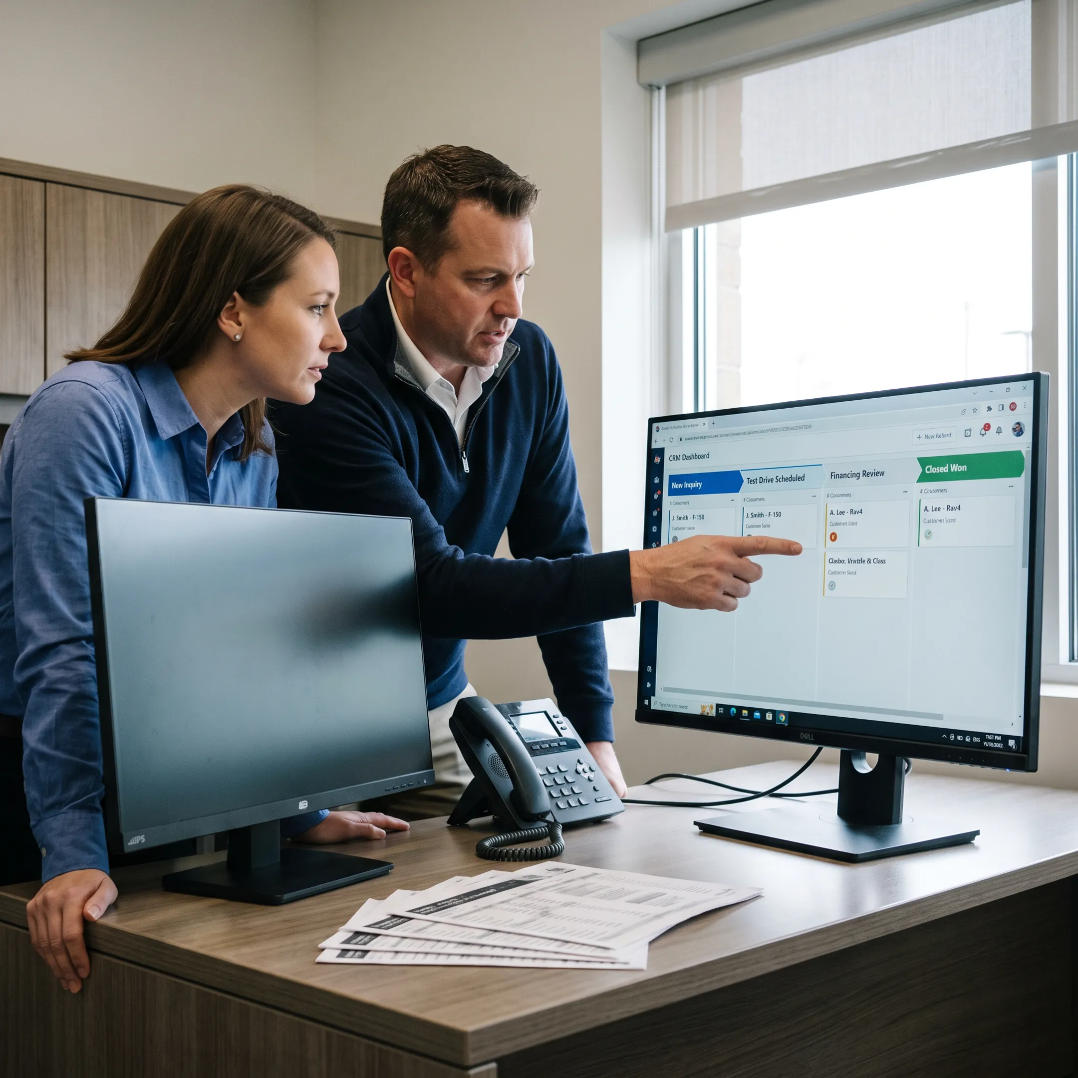 Automotive dealership team reviewing CRM sales dashboard