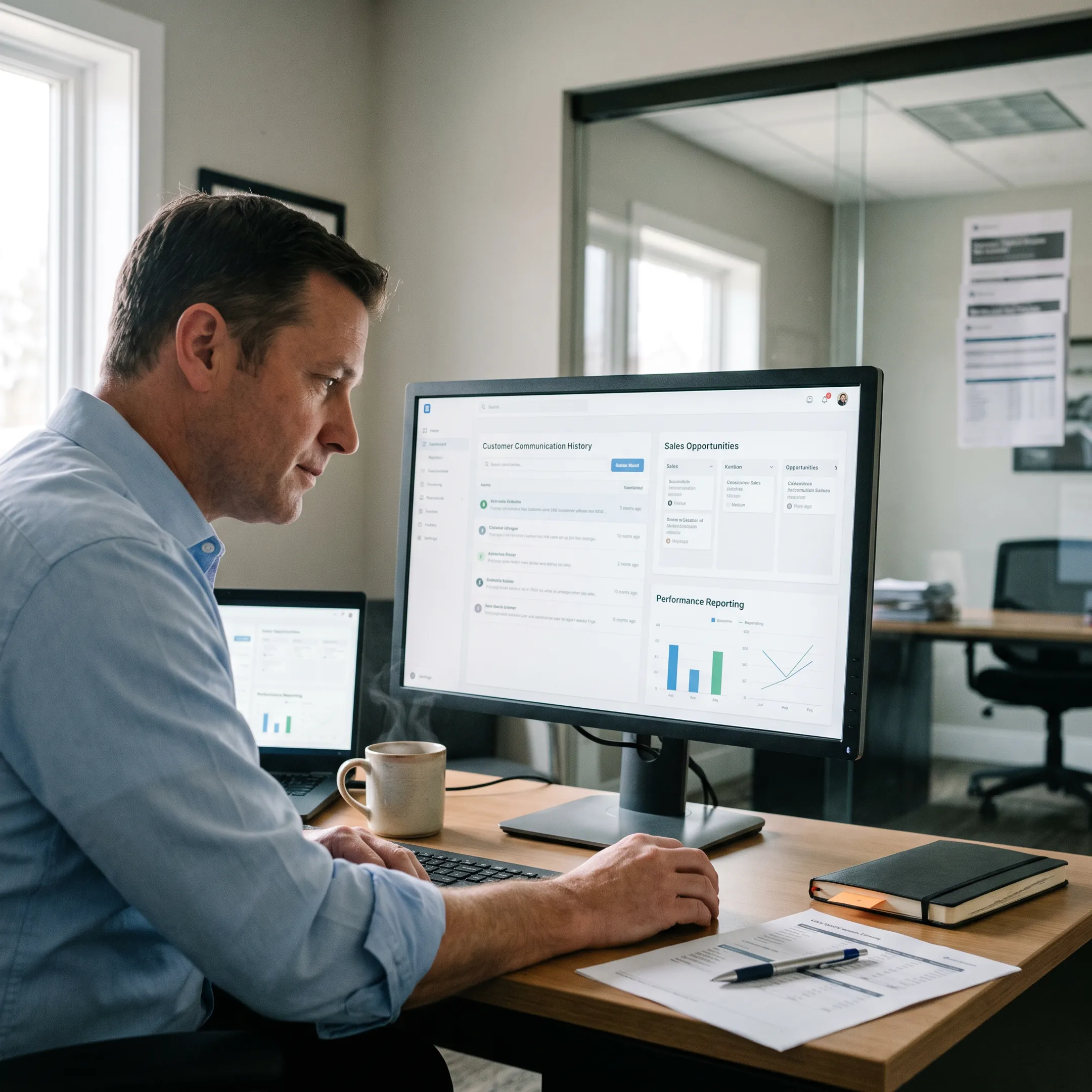 Dealership manager viewing customized CRM workflow