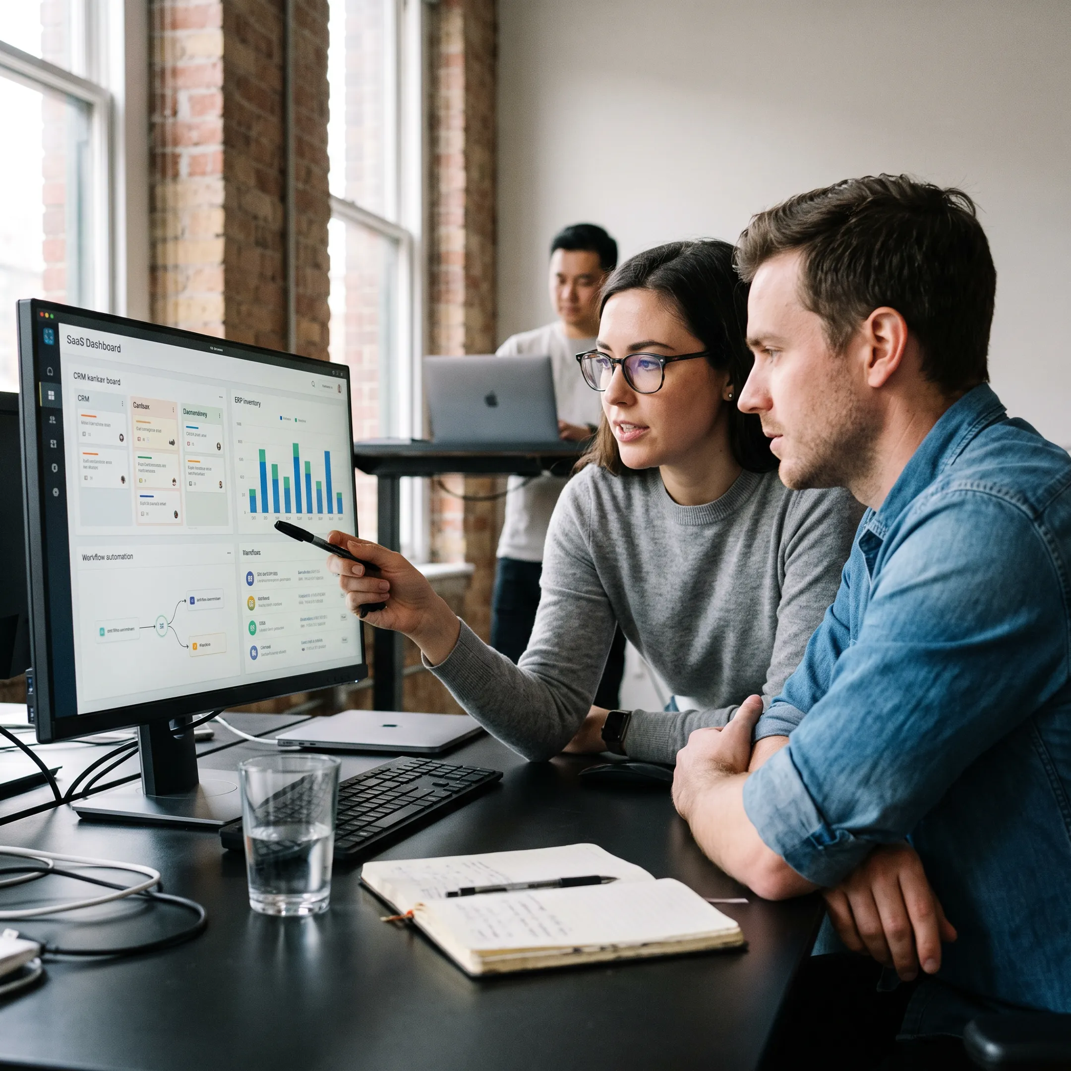 Enterprise software development team collaborating around business dashboards