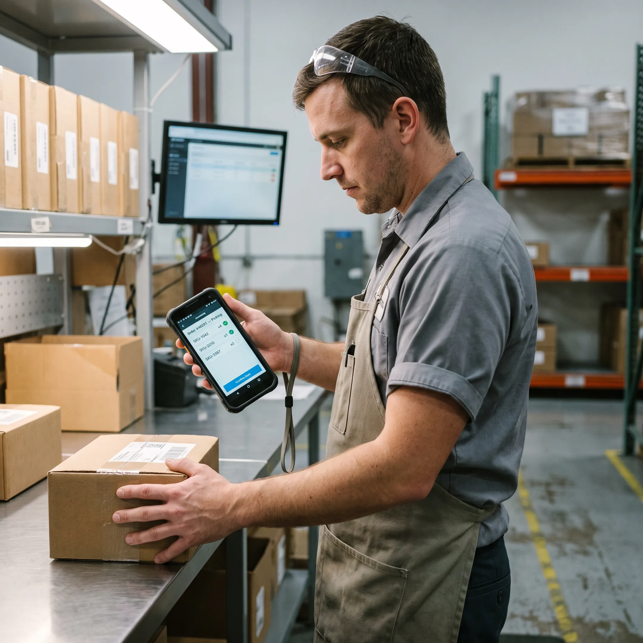 Warehouse worker using picking and packing software