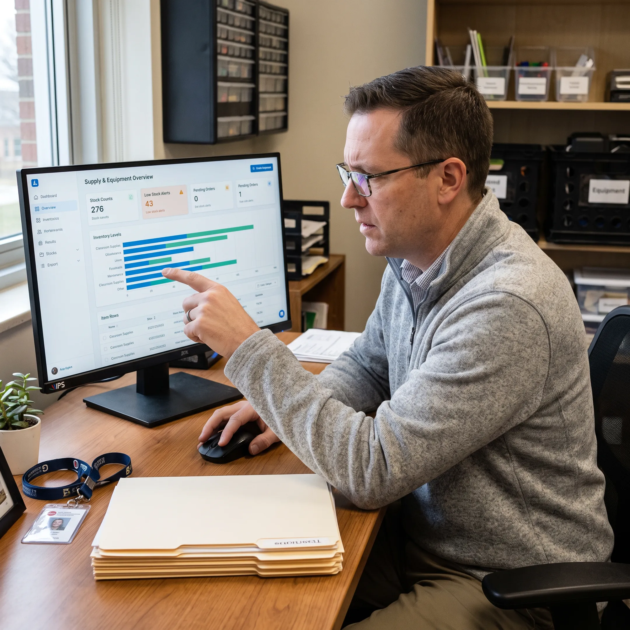 Staff member reviewing school inventory software