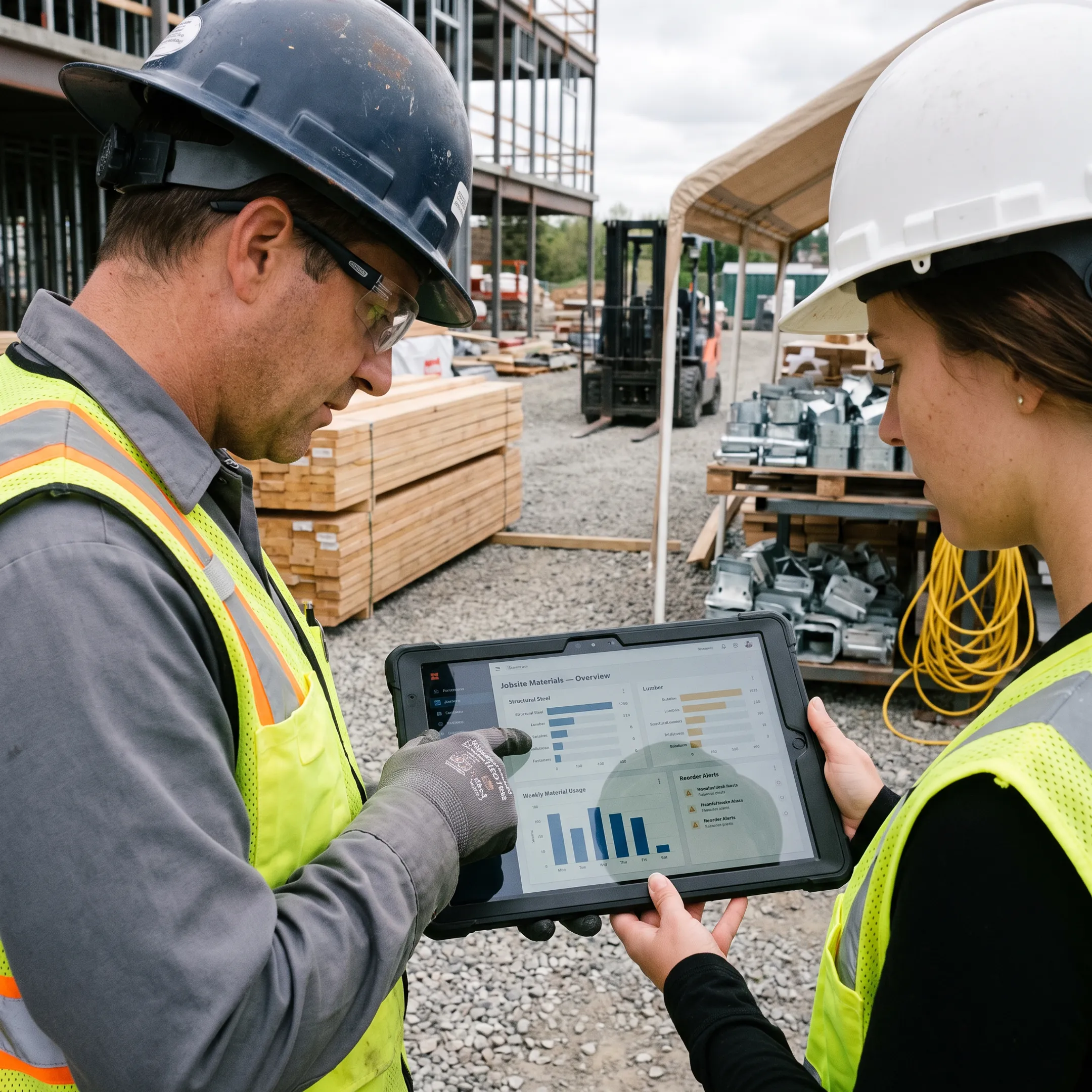 Construction team reviewing material tracking software on a tablet at a jobsite