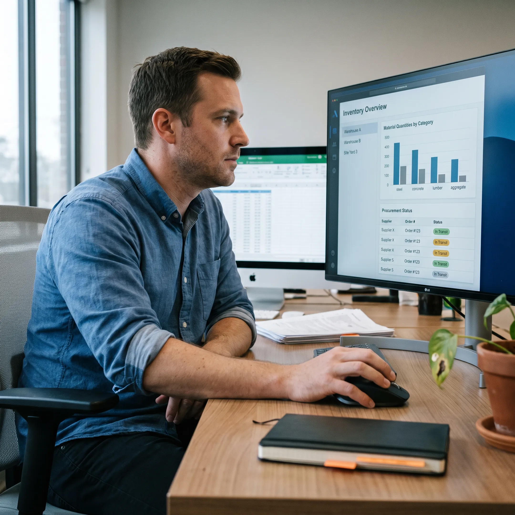 Construction inventory dashboard showing material movement and stock visibility