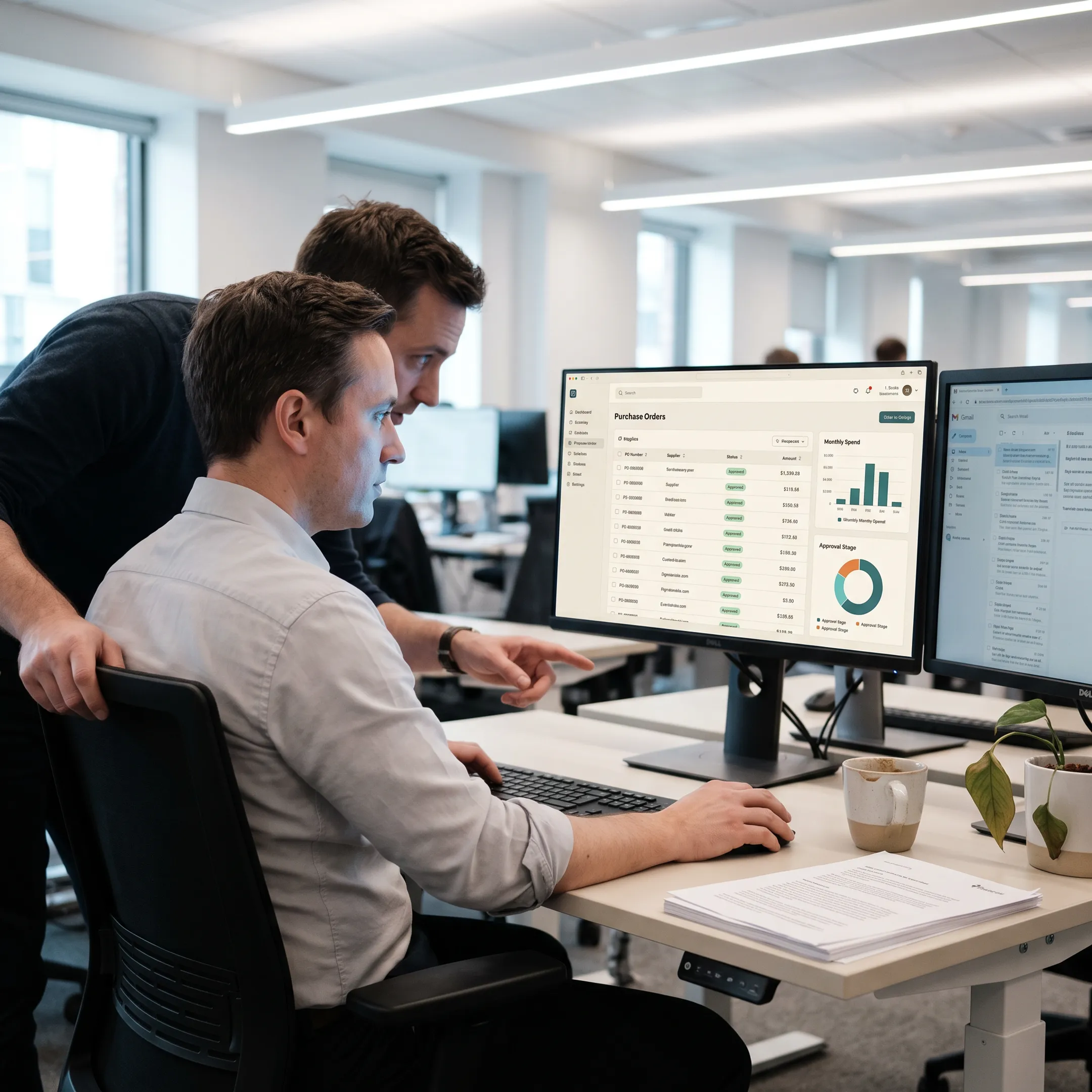 Purchase order management software dashboard showing procurement approvals and supplier records