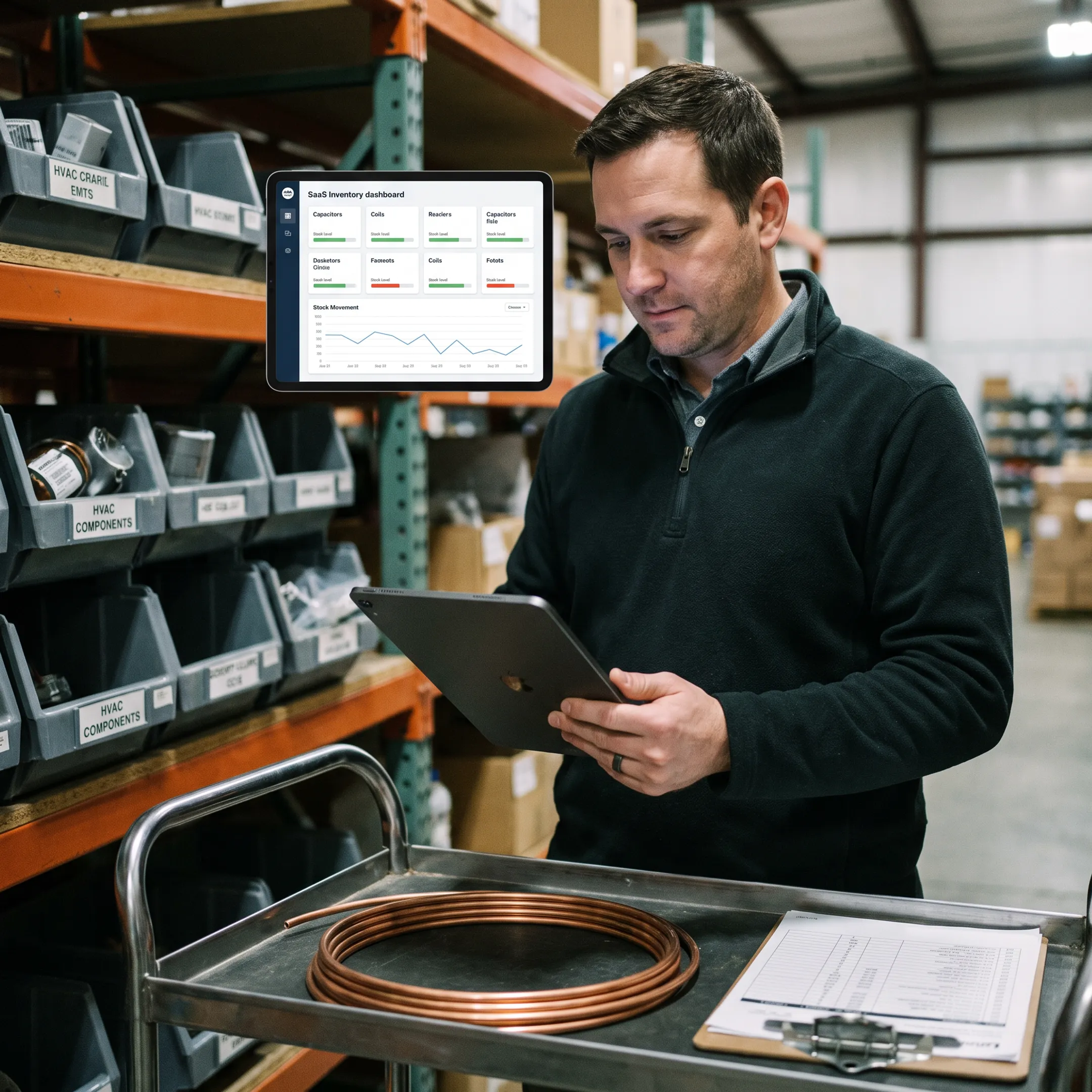 HVAC inventory software dashboard beside organized parts and equipment