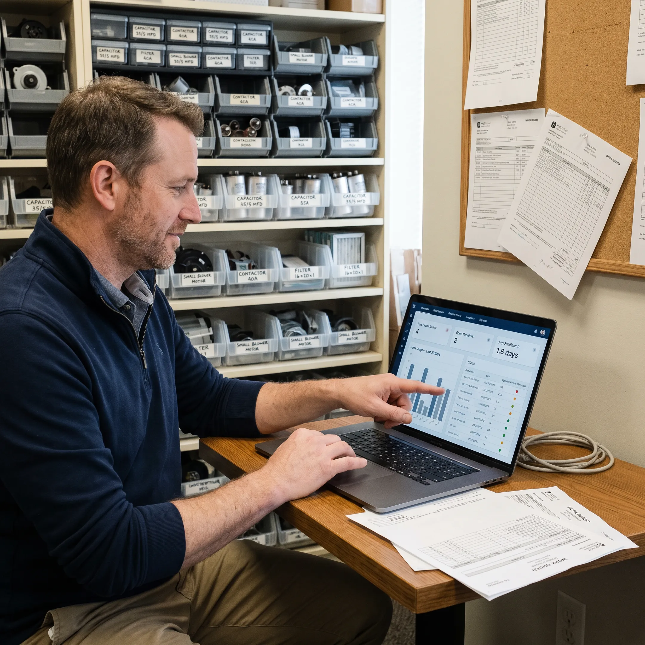HVAC manager reviewing inventory analytics on a laptop